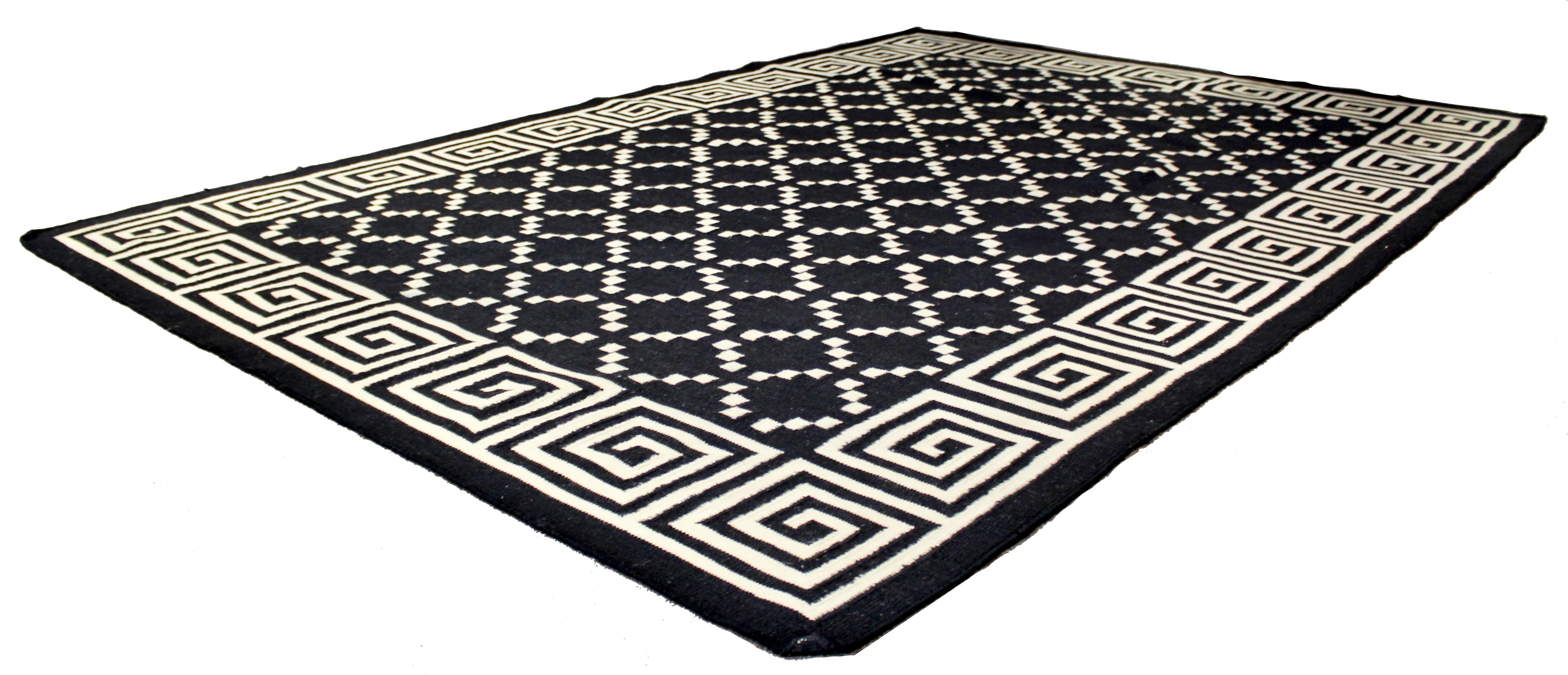 For your consideration is a wonderful, black and white, rectangular, Indian Dhurrie area rug or carpet. In excellent condition. The dimensions are 107
