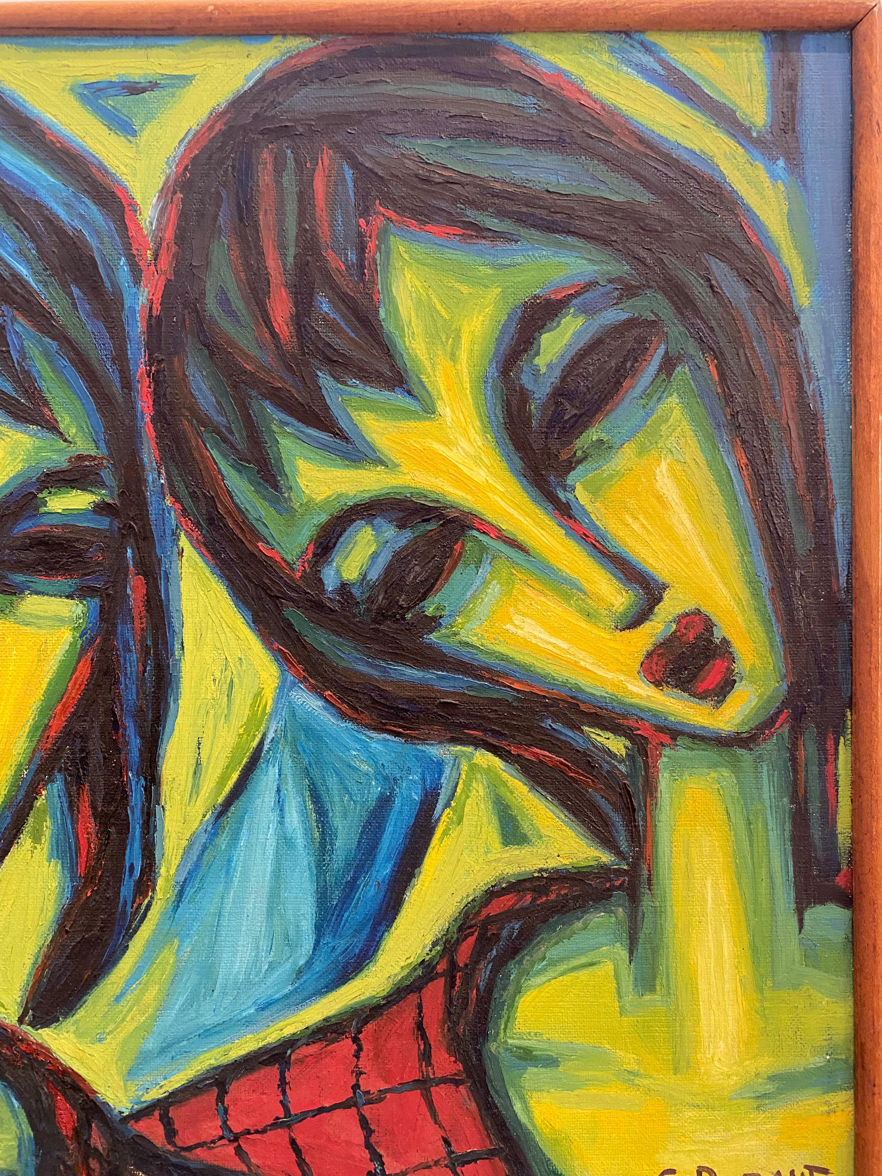 Mid-century Modernist Blue Red Women Singing by Puzant Godjamanian circa 1958 For Sale 1