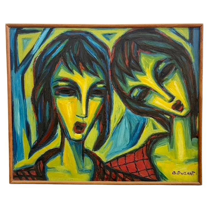 Mid-century Modernist Blue Red Women Singing by Puzant Godjamanian circa 1958 For Sale