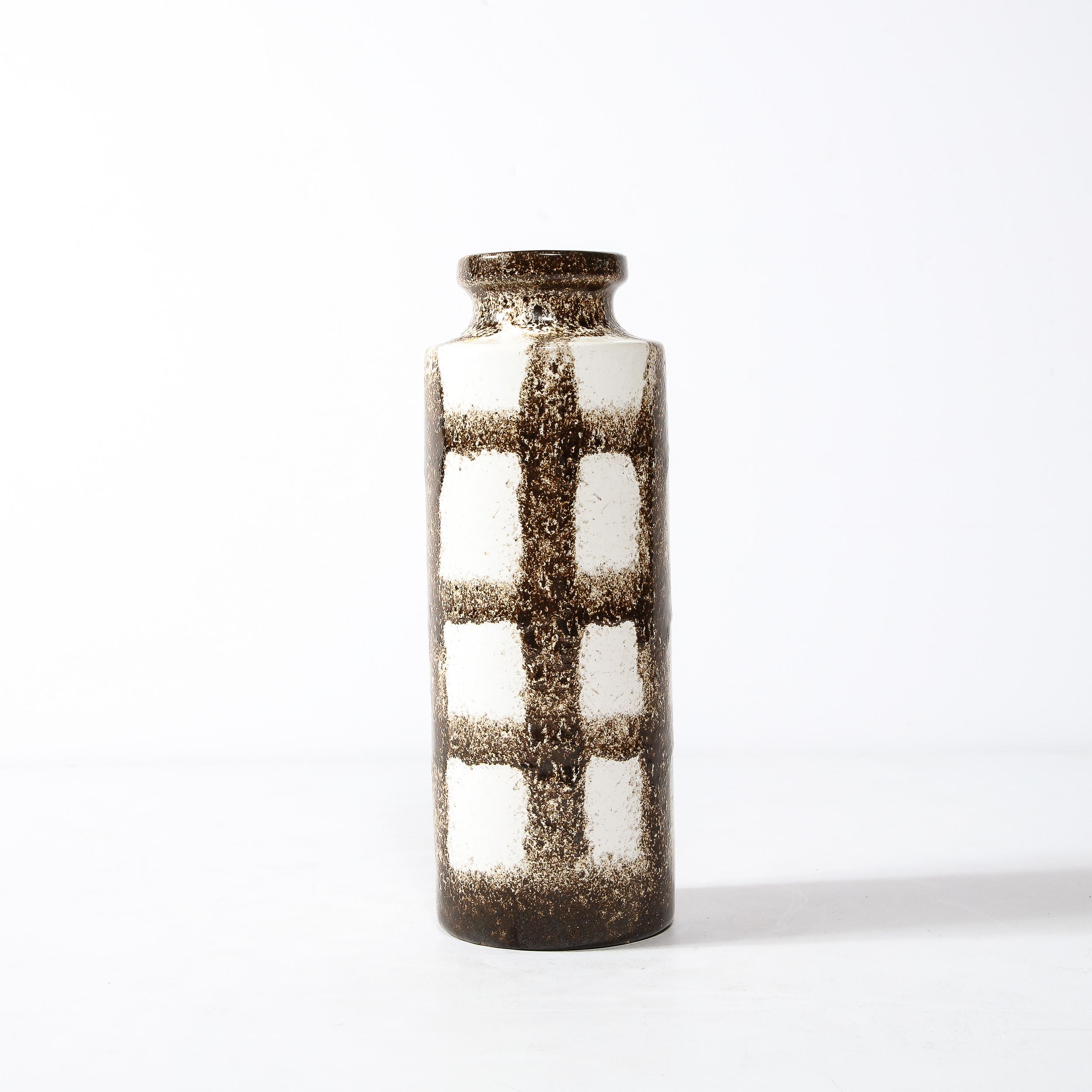 American Mid-Century Modernist Bone White & Burnt Umber Gridded Hand-Glaze Ceramic Vase  For Sale