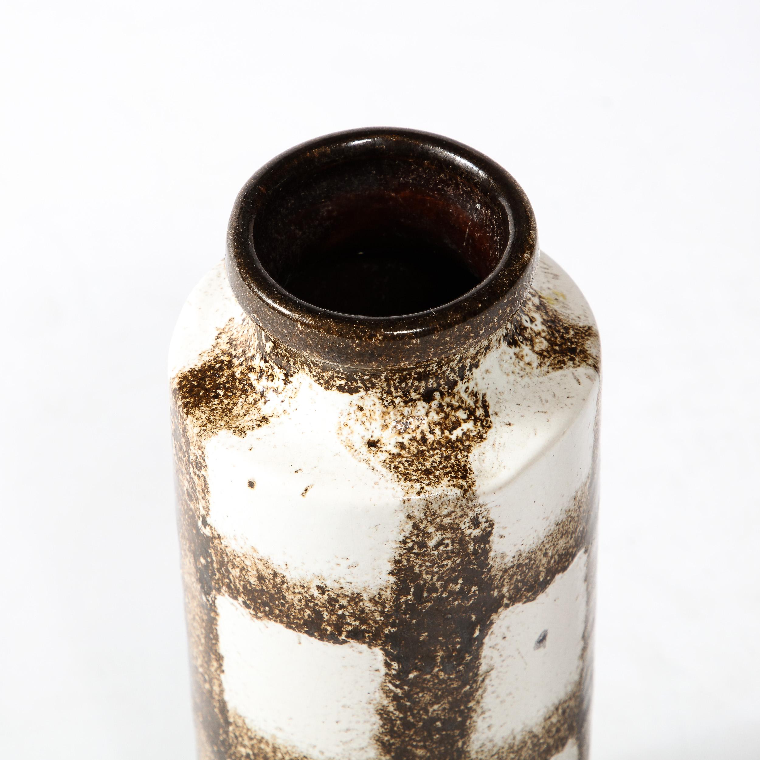 Mid-Century Modernist Bone White & Burnt Umber Gridded Hand-Glaze Ceramic Vase  For Sale 2