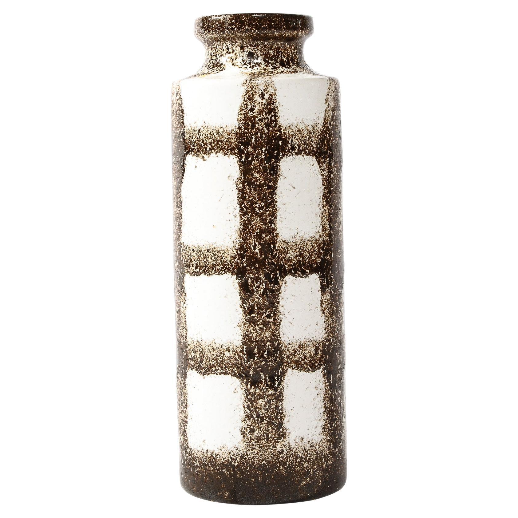 Mid-Century Modernist Bone White & Burnt Umber Gridded Hand-Glaze Ceramic Vase  For Sale