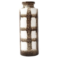 Vintage Mid-Century Modernist Bone White & Burnt Umber Gridded Hand-Glaze Ceramic Vase 