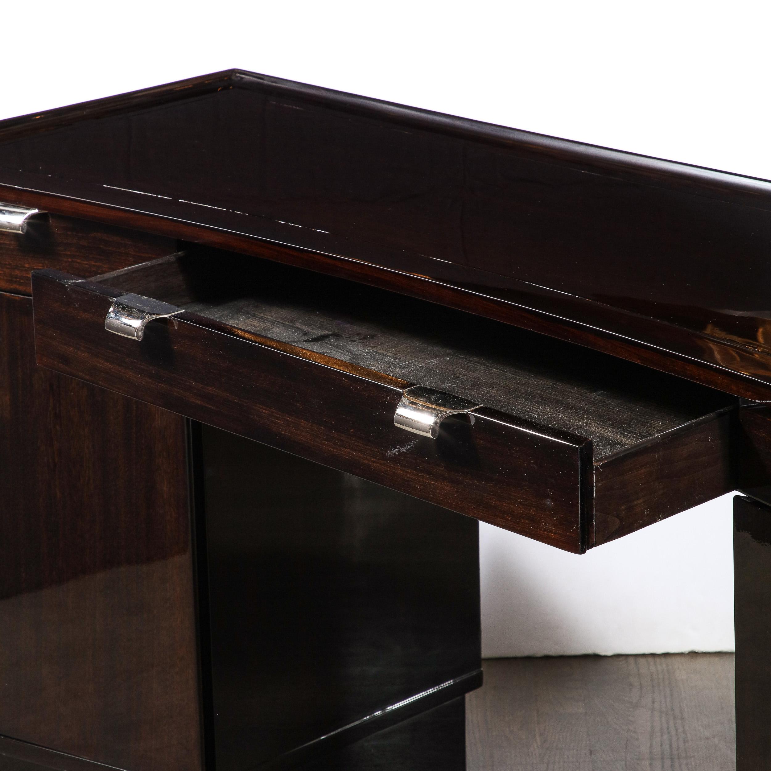 Mid-Century Modernist Bow Front Desk in Ebonized Walnut with Nickel Pulls 8