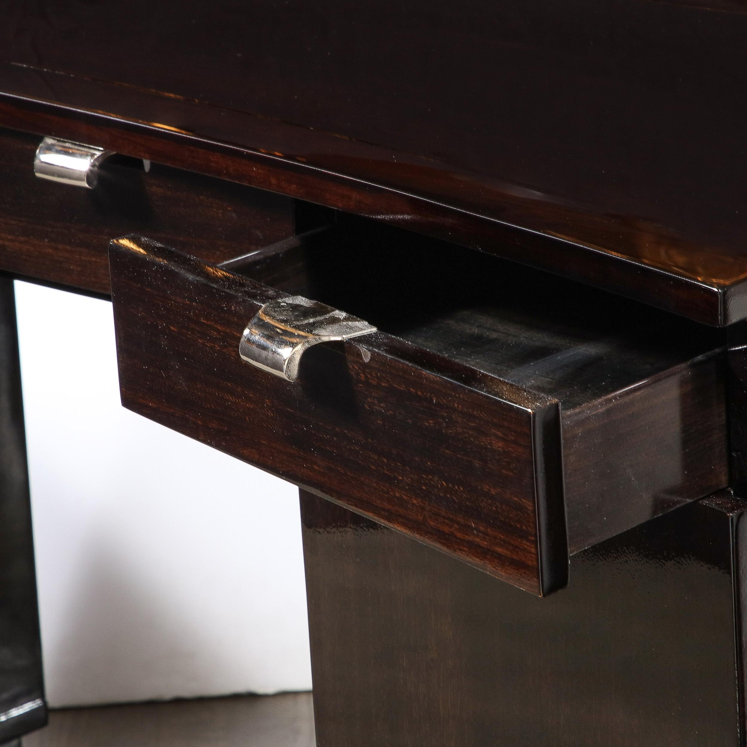 Mid-Century Modernist Bow Front Desk in Ebonized Walnut with Nickel Pulls 9