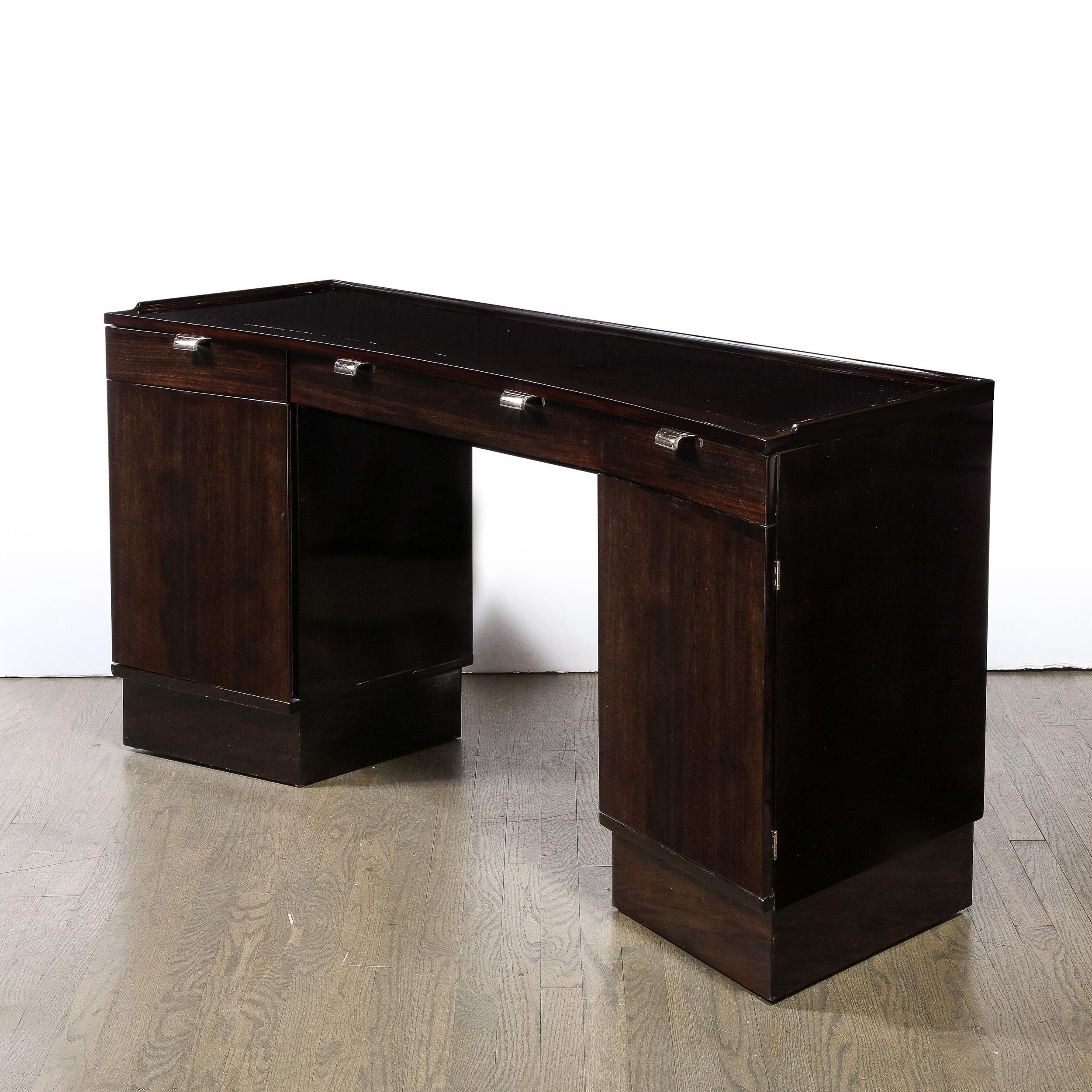 Mid-Century Modernist Bow Front Desk in Ebonized Walnut with Nickel Pulls 10