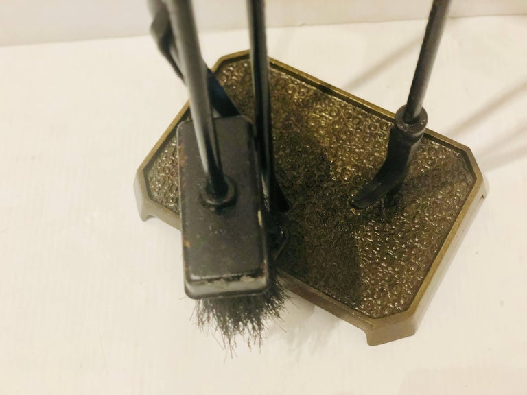 Mid Century Modernist Brass And Iron Fireplace Tool Set For Sale