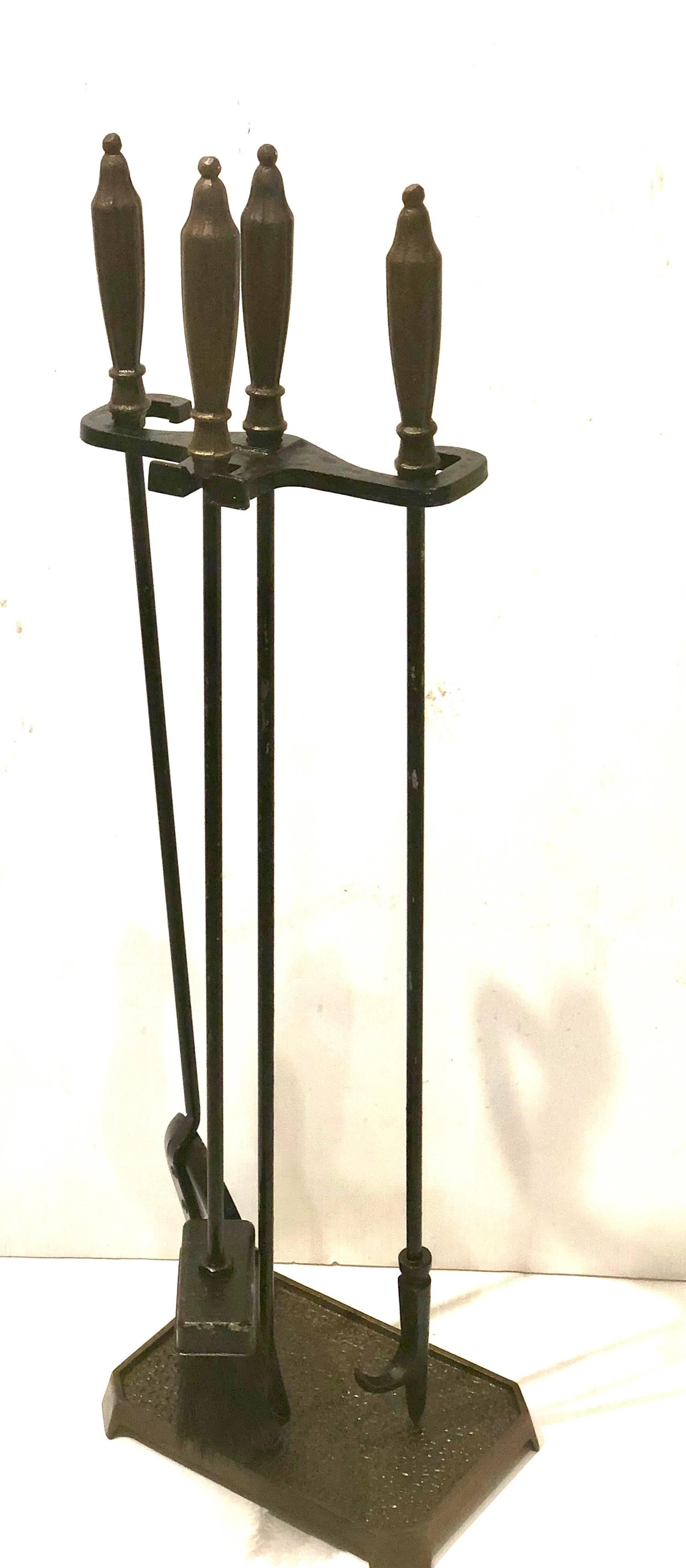 Japanese Mid-Century Modernist Brass and Iron Fireplace Tool Set For Sale