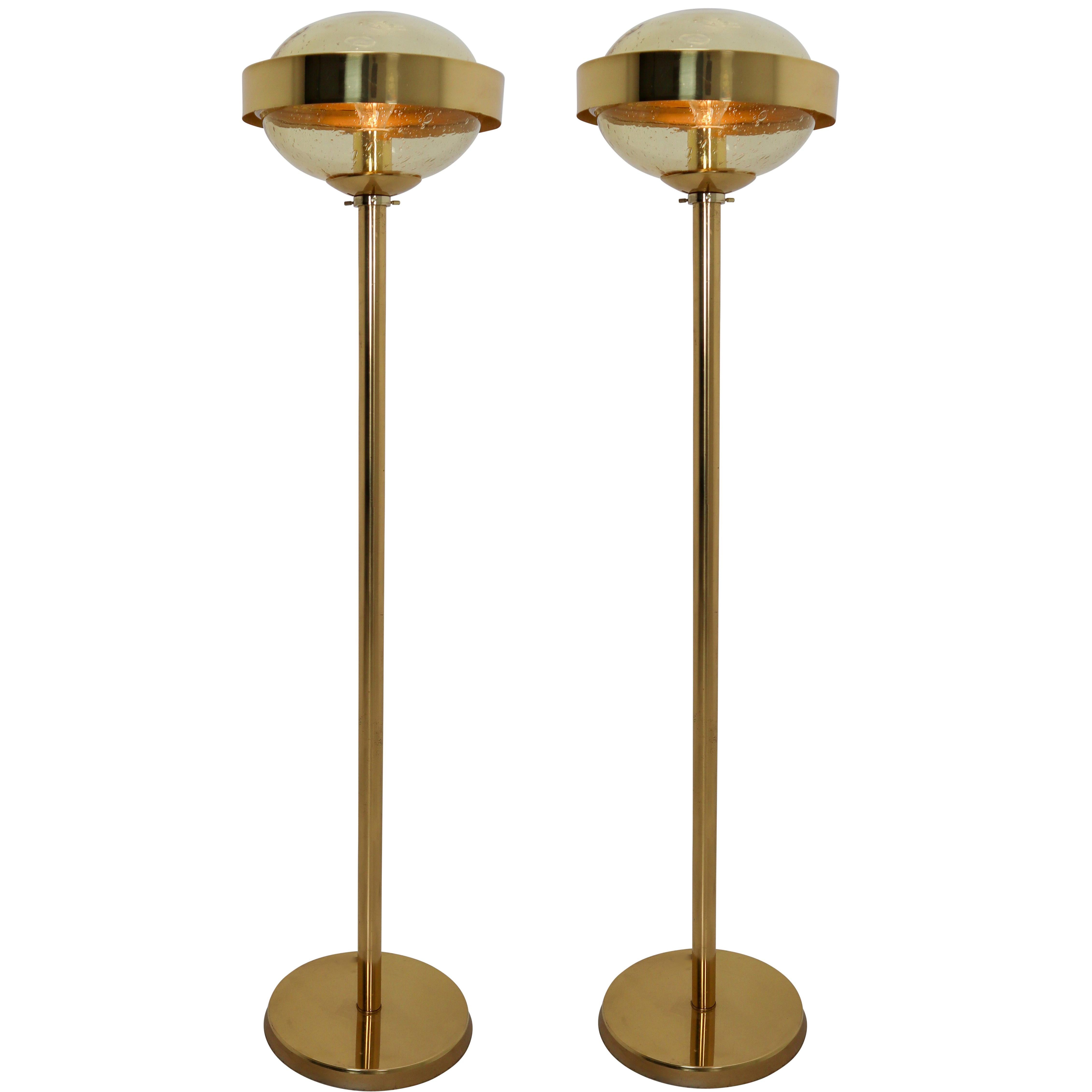 Mid-Century Modernist Brass Floor Lamps with Hand-Blown Glass, 1960s