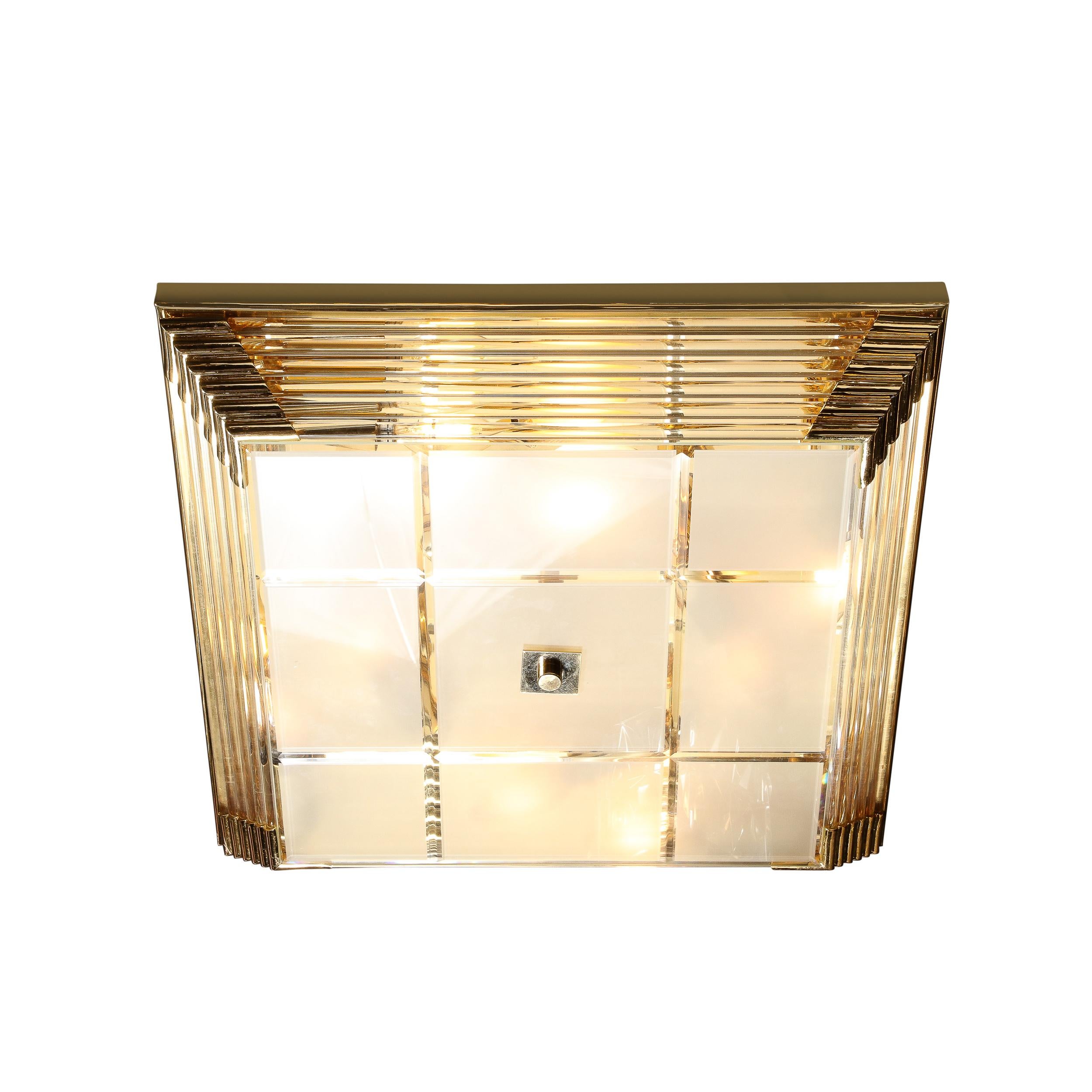 Mid-Century Modernist Brass & Frosted Glass Rod Square Flush Mount  For Sale 15