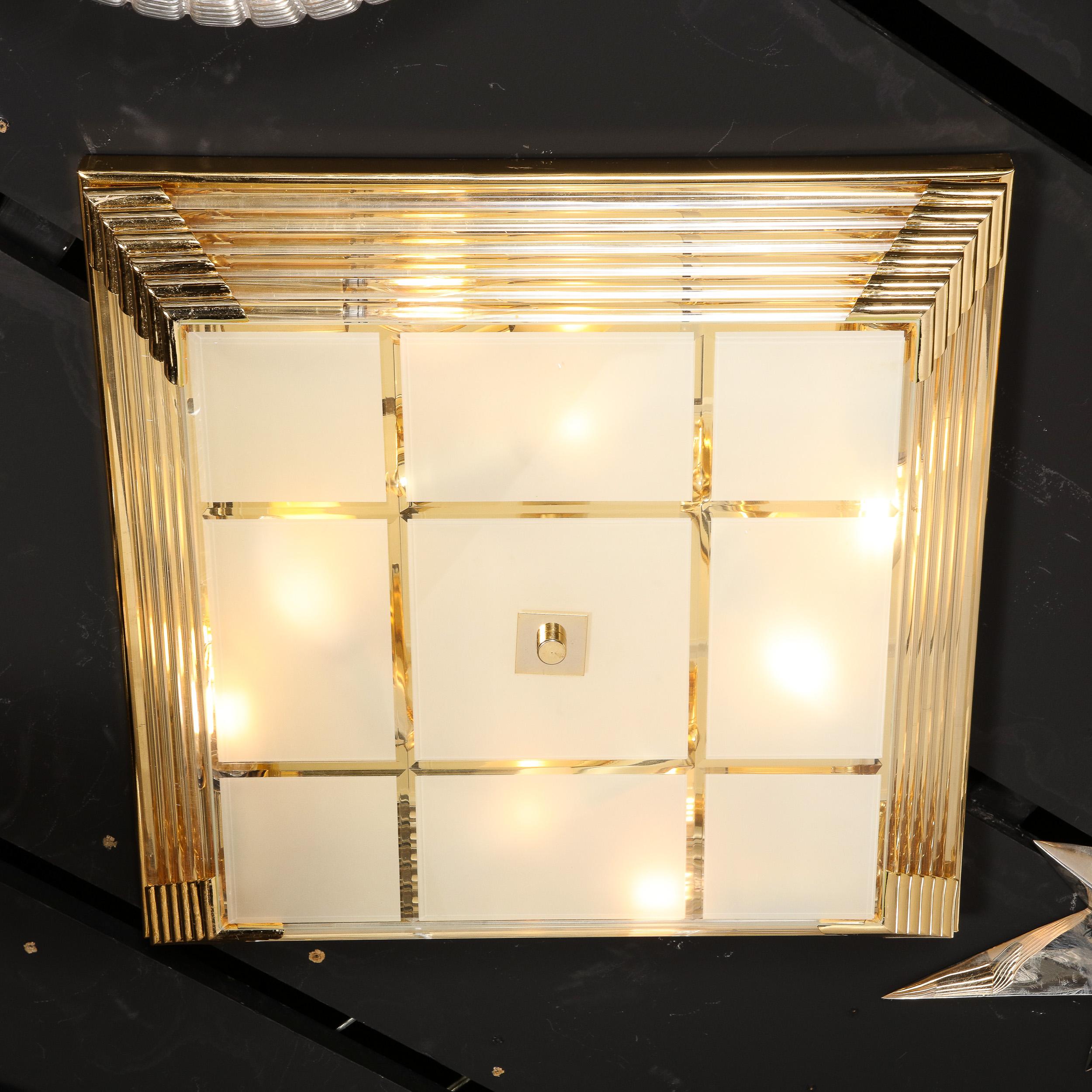 Mid-Century Modernist Brass & Frosted Glass Rod Square Flush Mount  For Sale 2