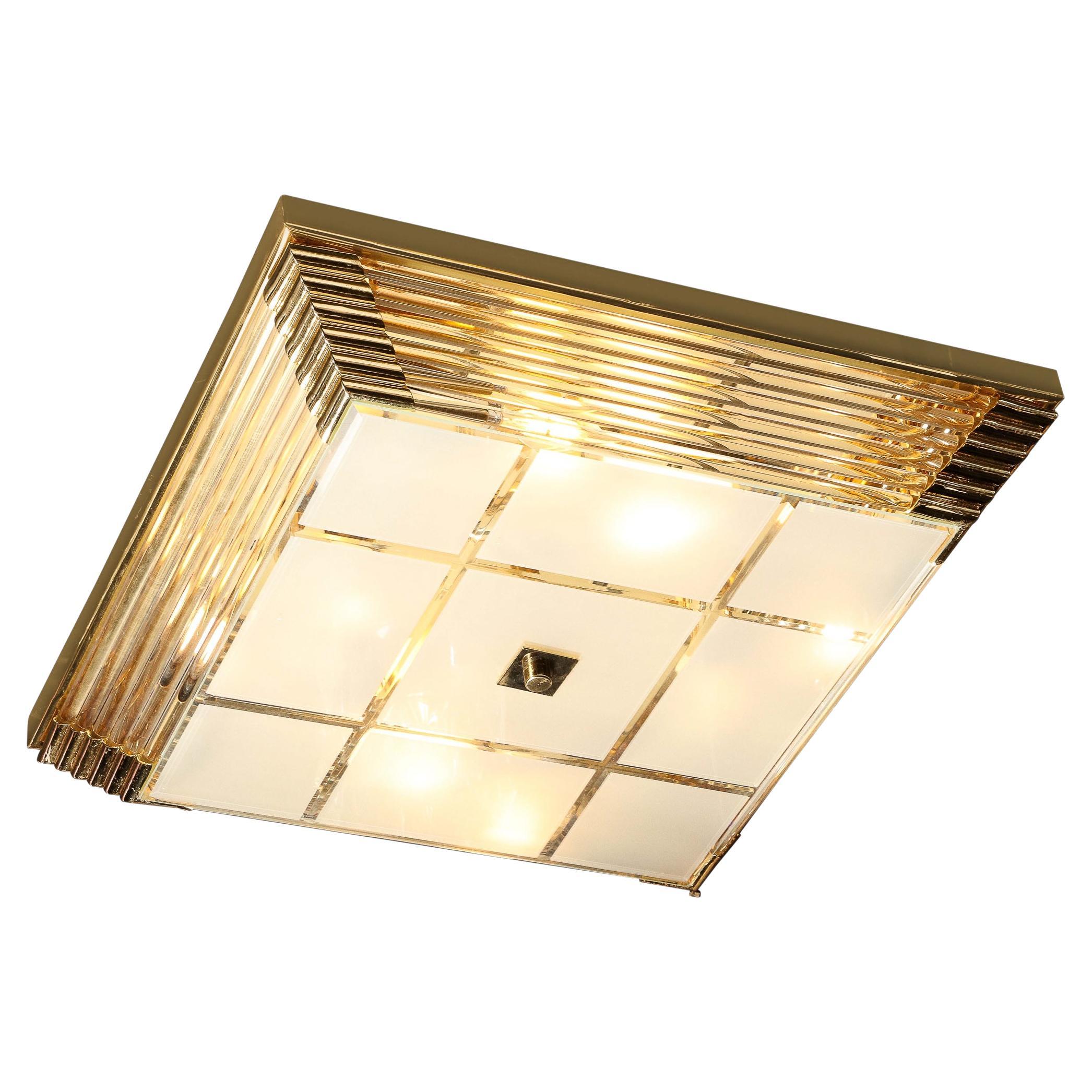 Mid-Century Modernist Brass & Frosted Glass Rod Square Flush Mount  For Sale