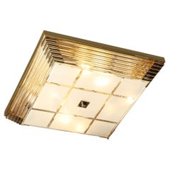 Retro Mid-Century Modernist Brass & Frosted Glass Rod Square Flush Mount 