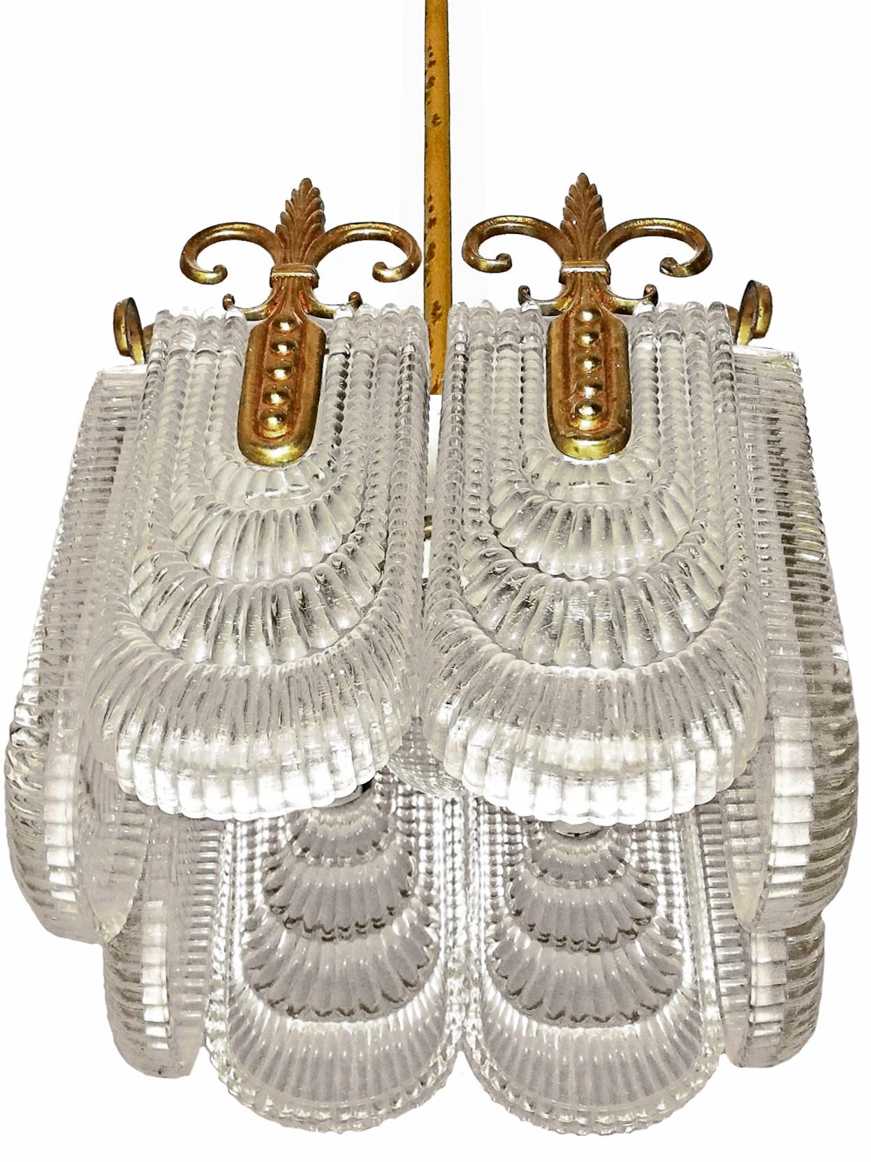 German Mid-Century Modernist Brass & Glass Light Fixture, Chandelier by Kaiser Leuchten For Sale