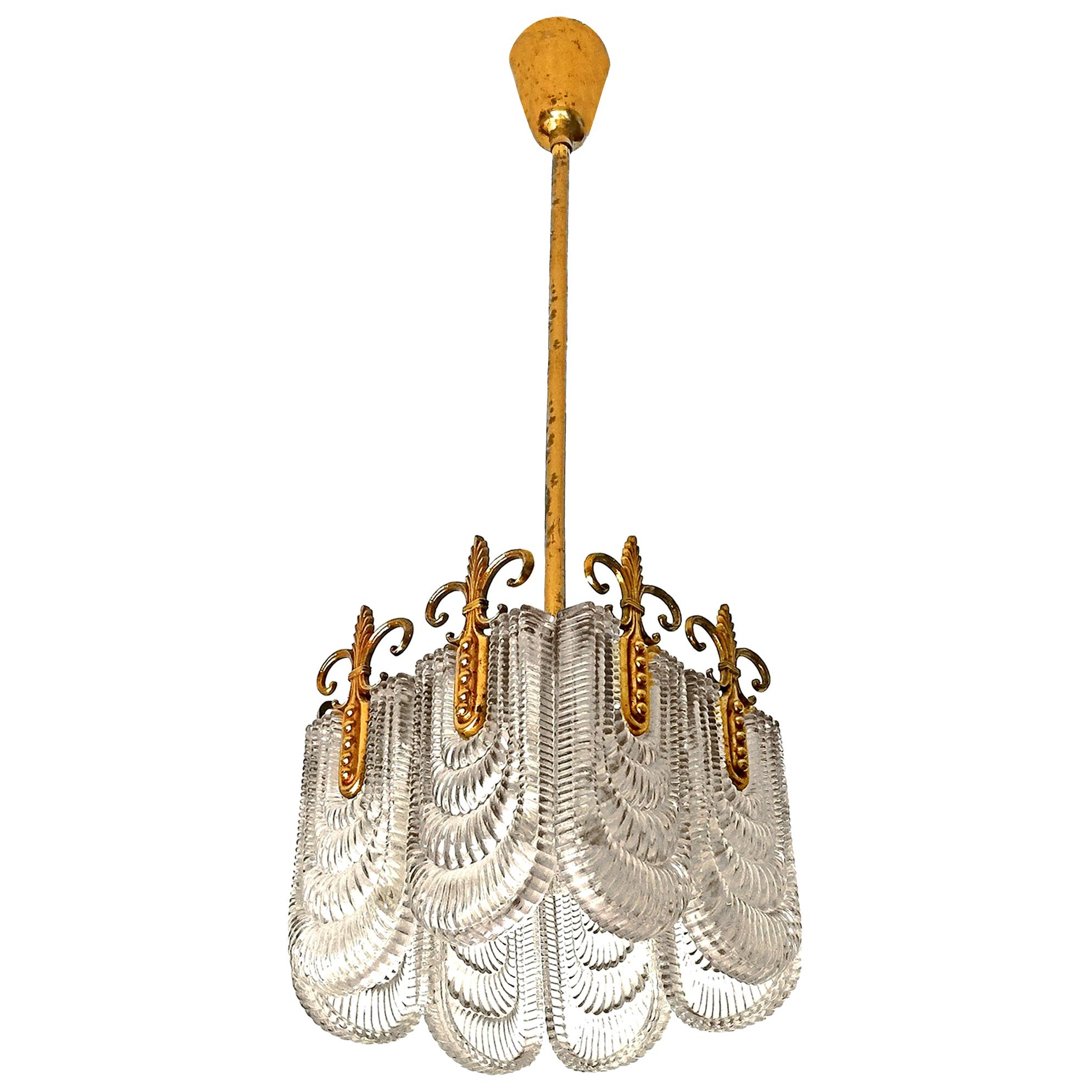 Mid-Century Modernist Brass & Glass Light Fixture, Chandelier by Kaiser Leuchten