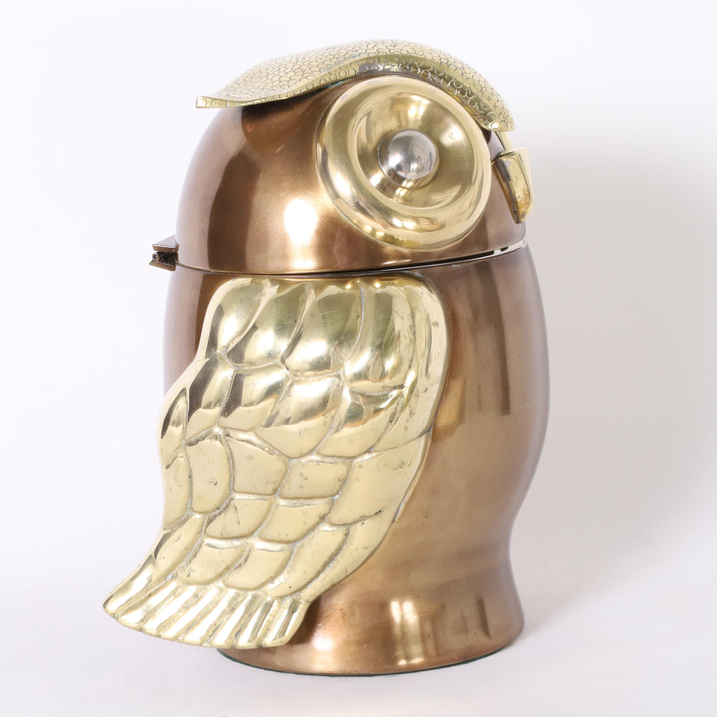 Colombian  Mid-Century Modernist Brass Owl Ice Bucket