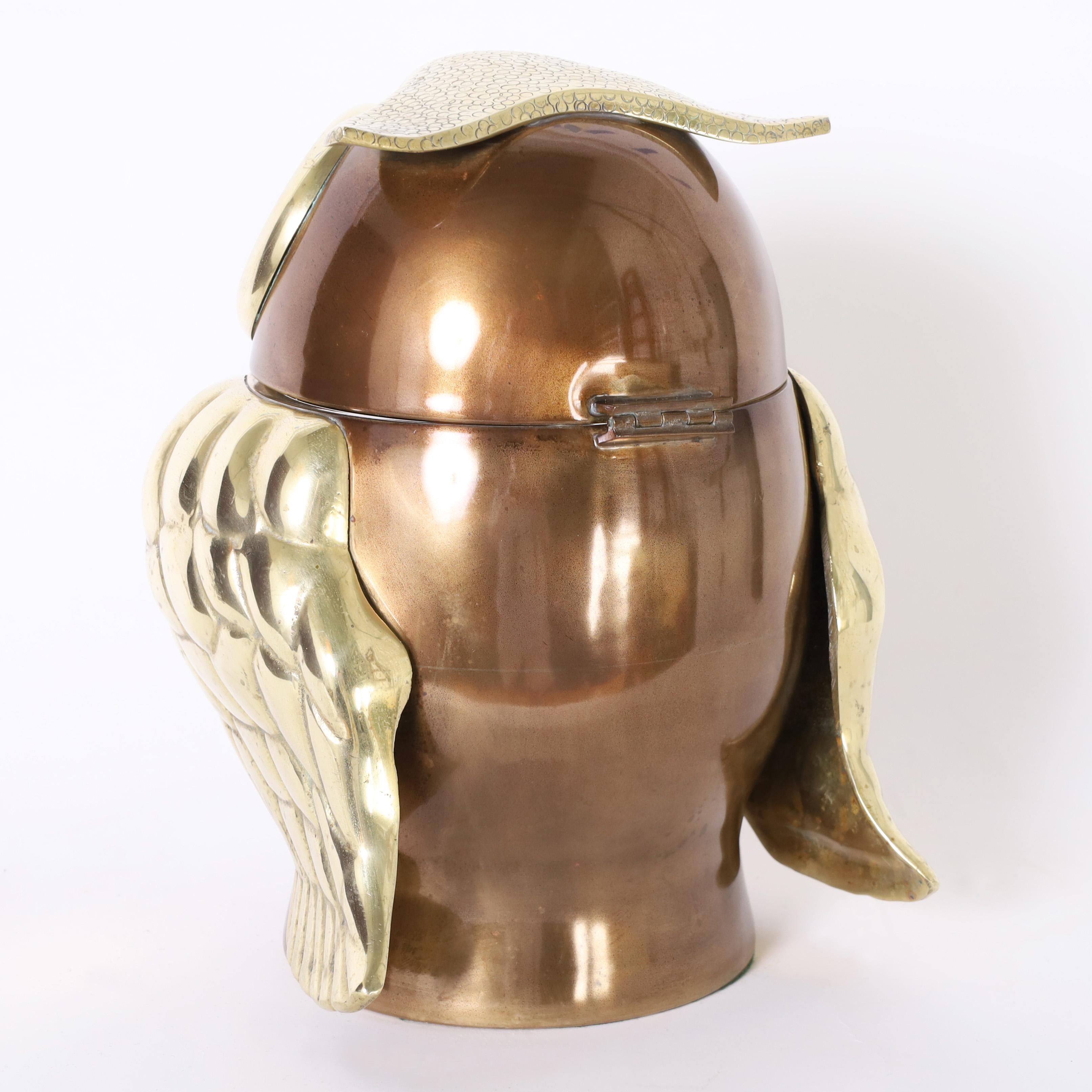 Patinated  Mid-Century Modernist Brass Owl Ice Bucket