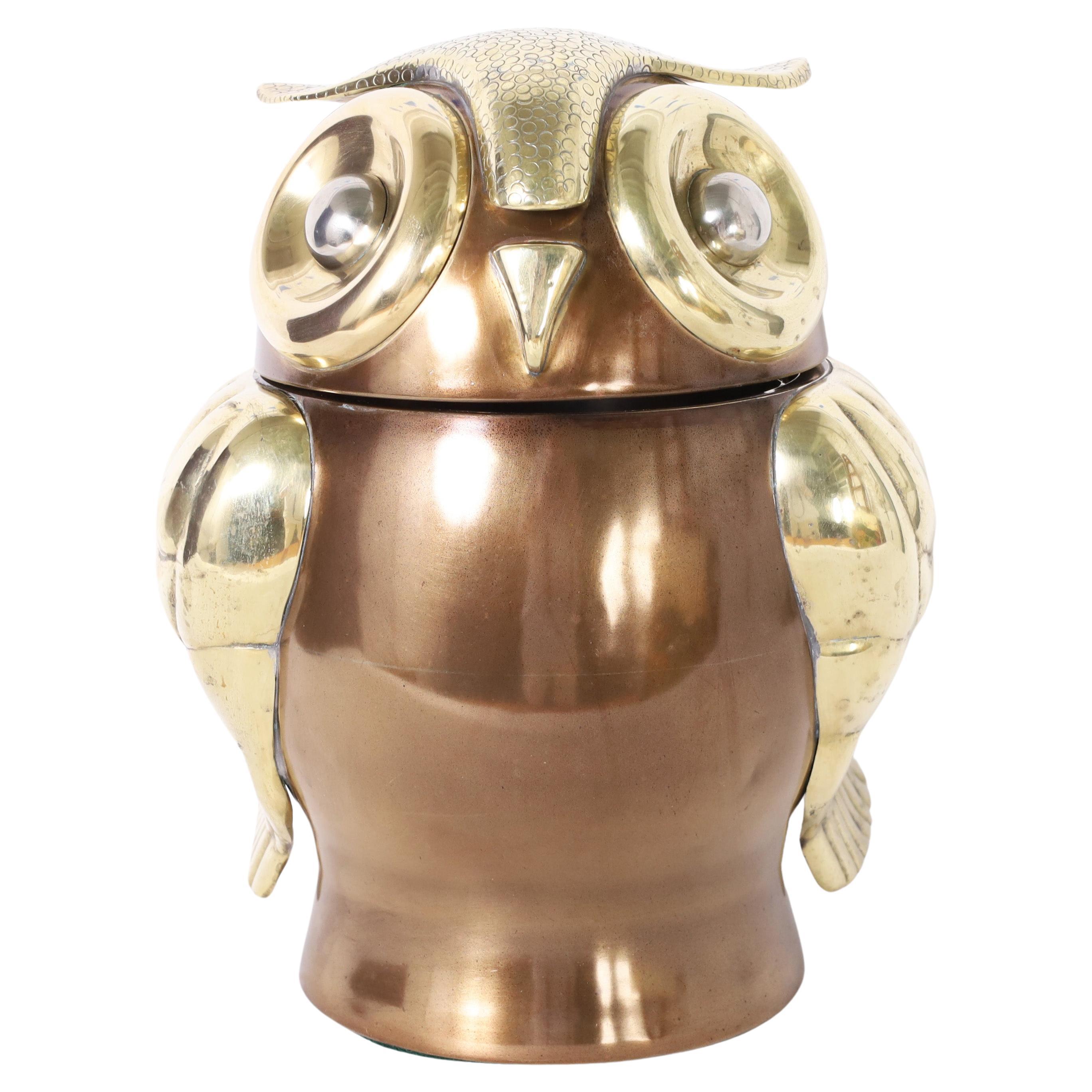  Mid-Century Modernist Brass Owl Ice Bucket