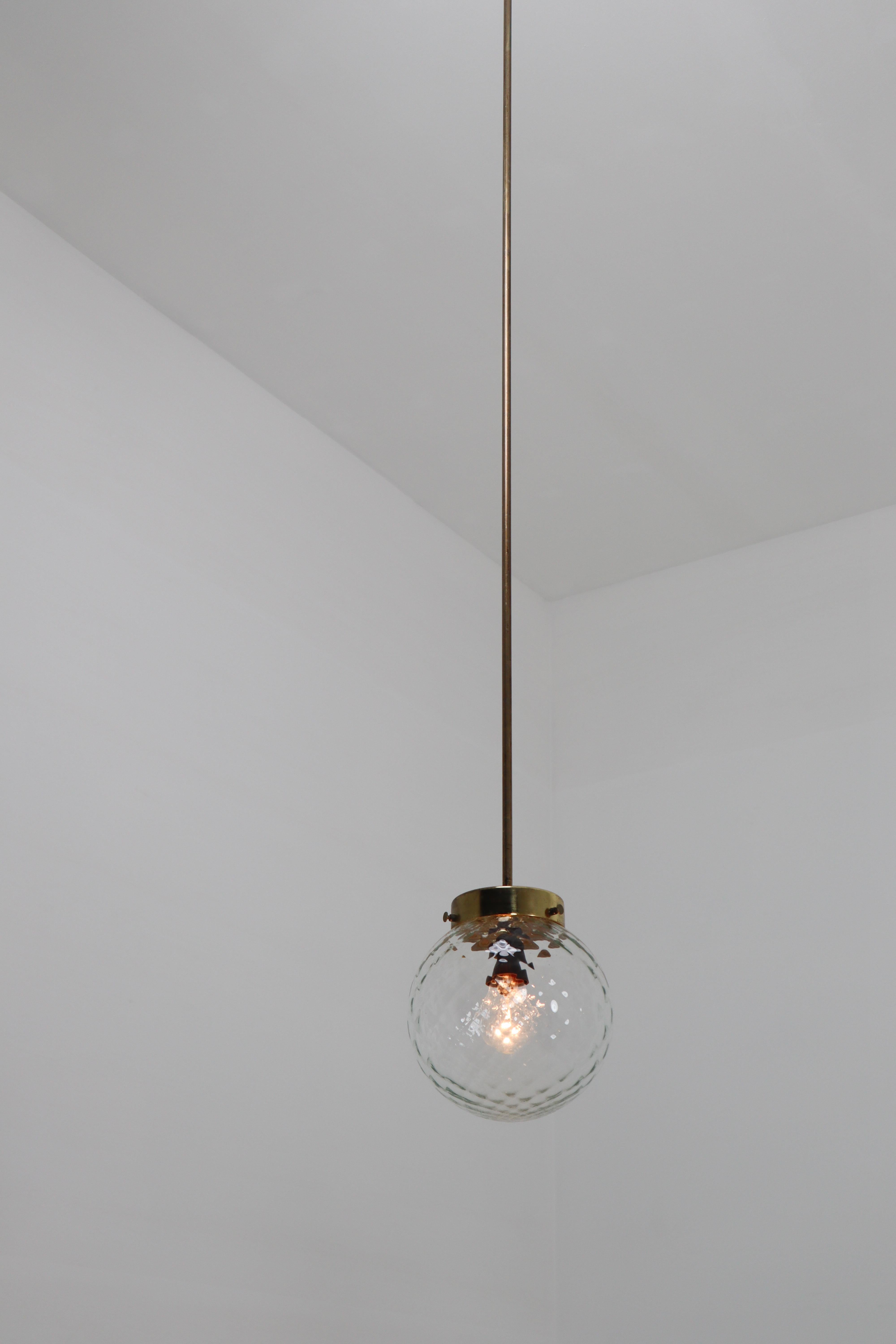 Mid-Century Modernist Brass Pendants Lights with Structure Glass, 1970s In Good Condition In Almelo, NL