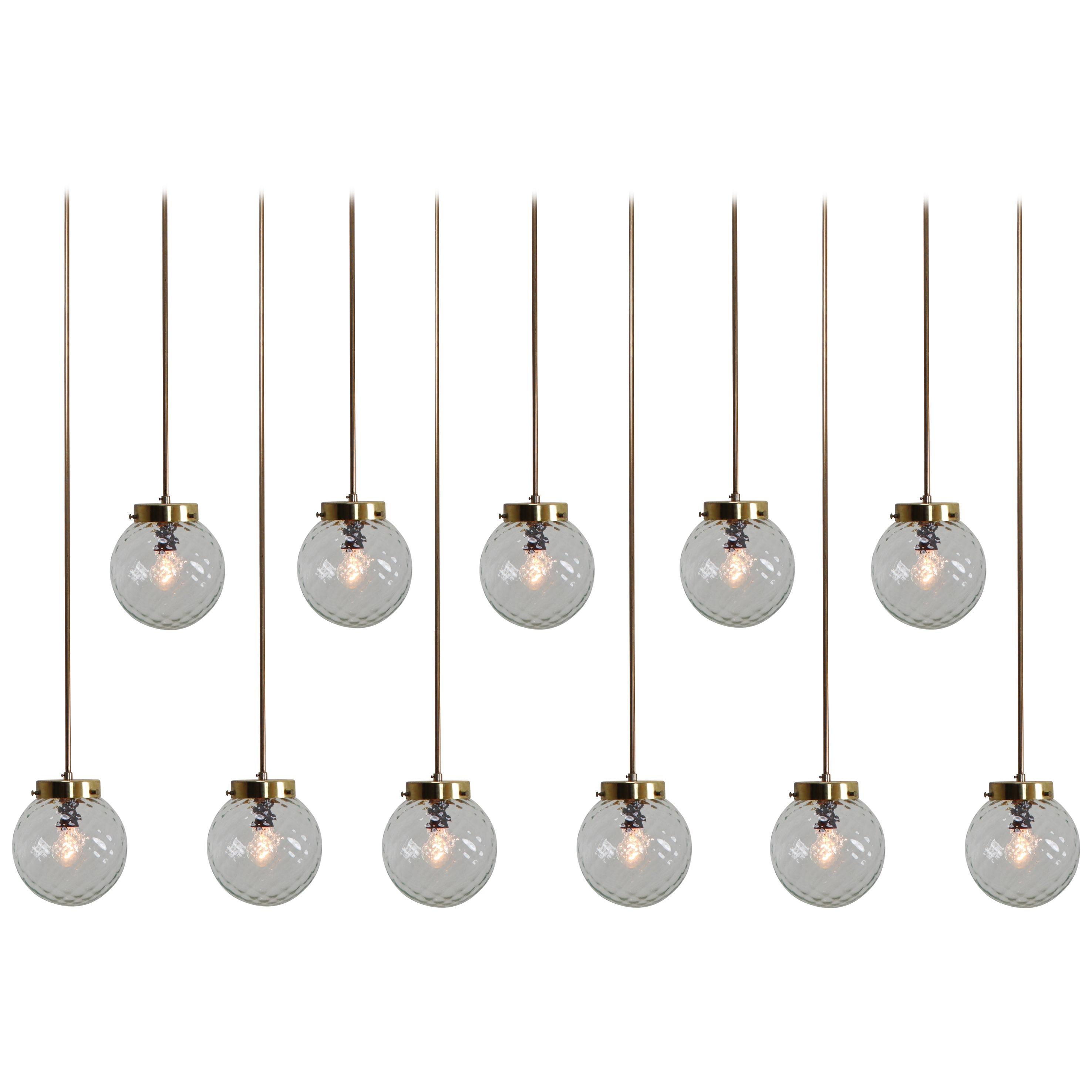 Mid-Century Modernist Brass Pendants Lights with Structure Glass, 1970s