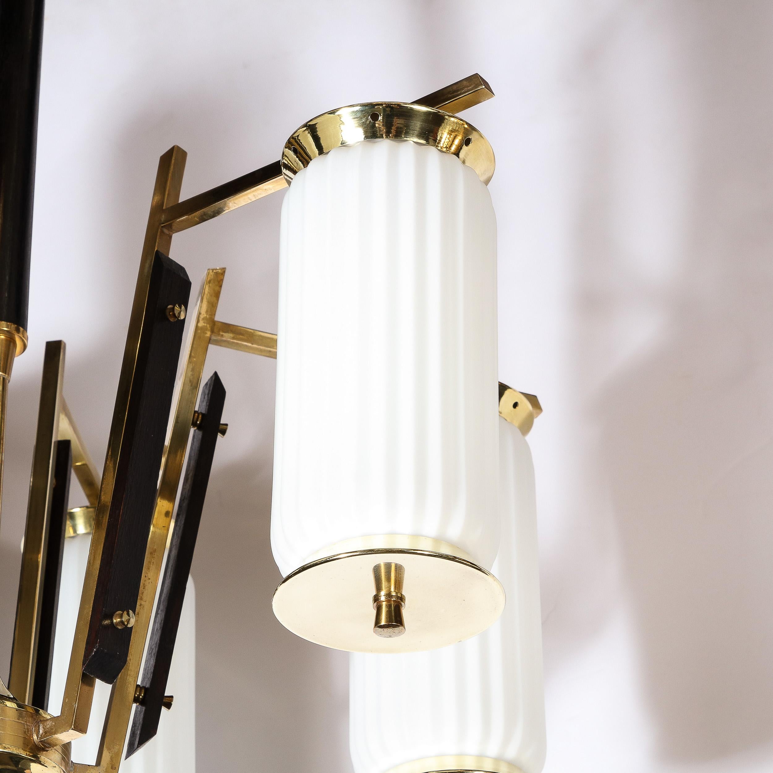 Mid-Century Modernist Brass, Striated Glass & Ebonized Walnut Six Arm Chandelier For Sale 6