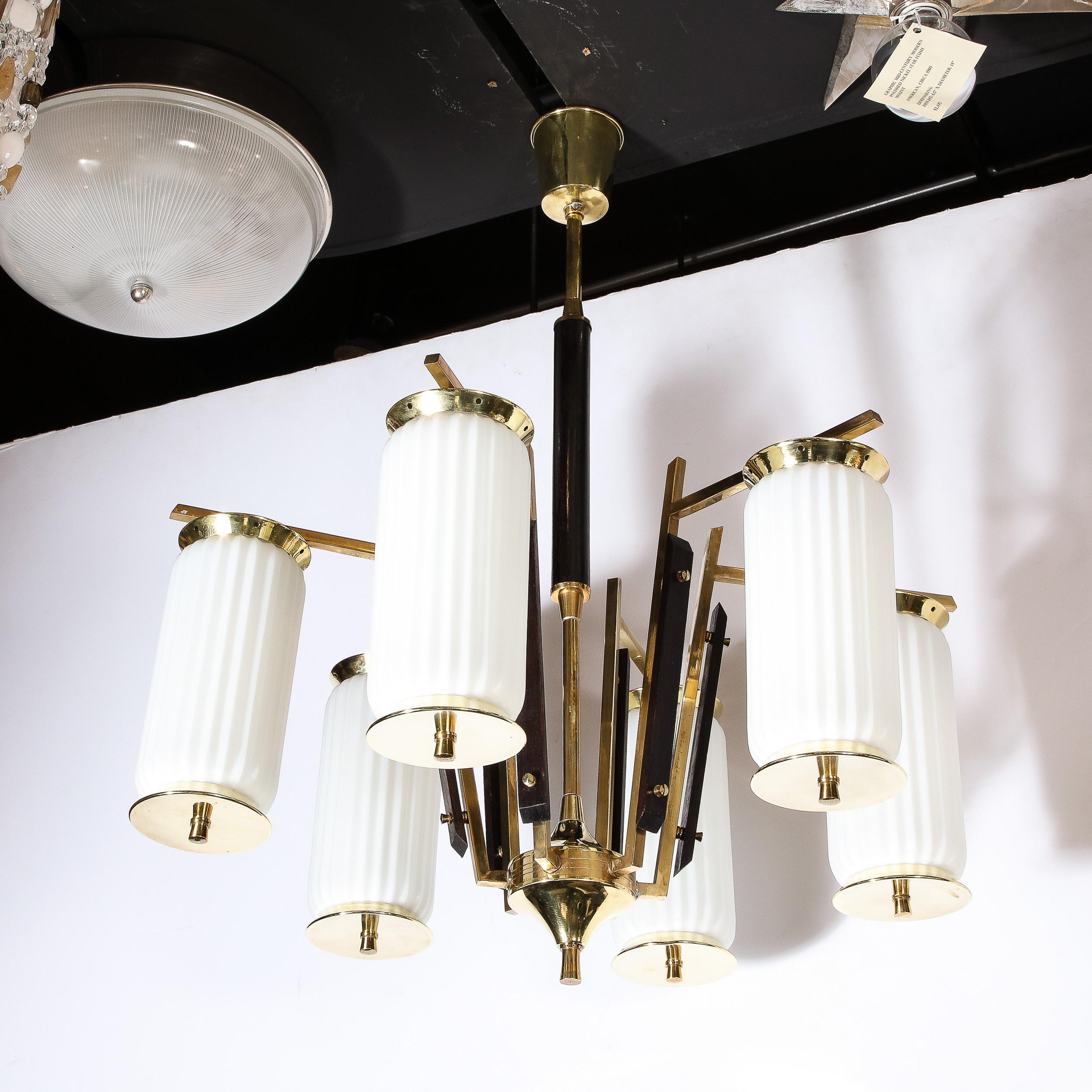 Mid-Century Modernist Brass, Striated Glass & Ebonized Walnut Six Arm Chandelier For Sale 7