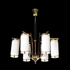 Mid-Century Modernist Brass, Striated Glass & Ebonized Walnut Six Arm Chandelier