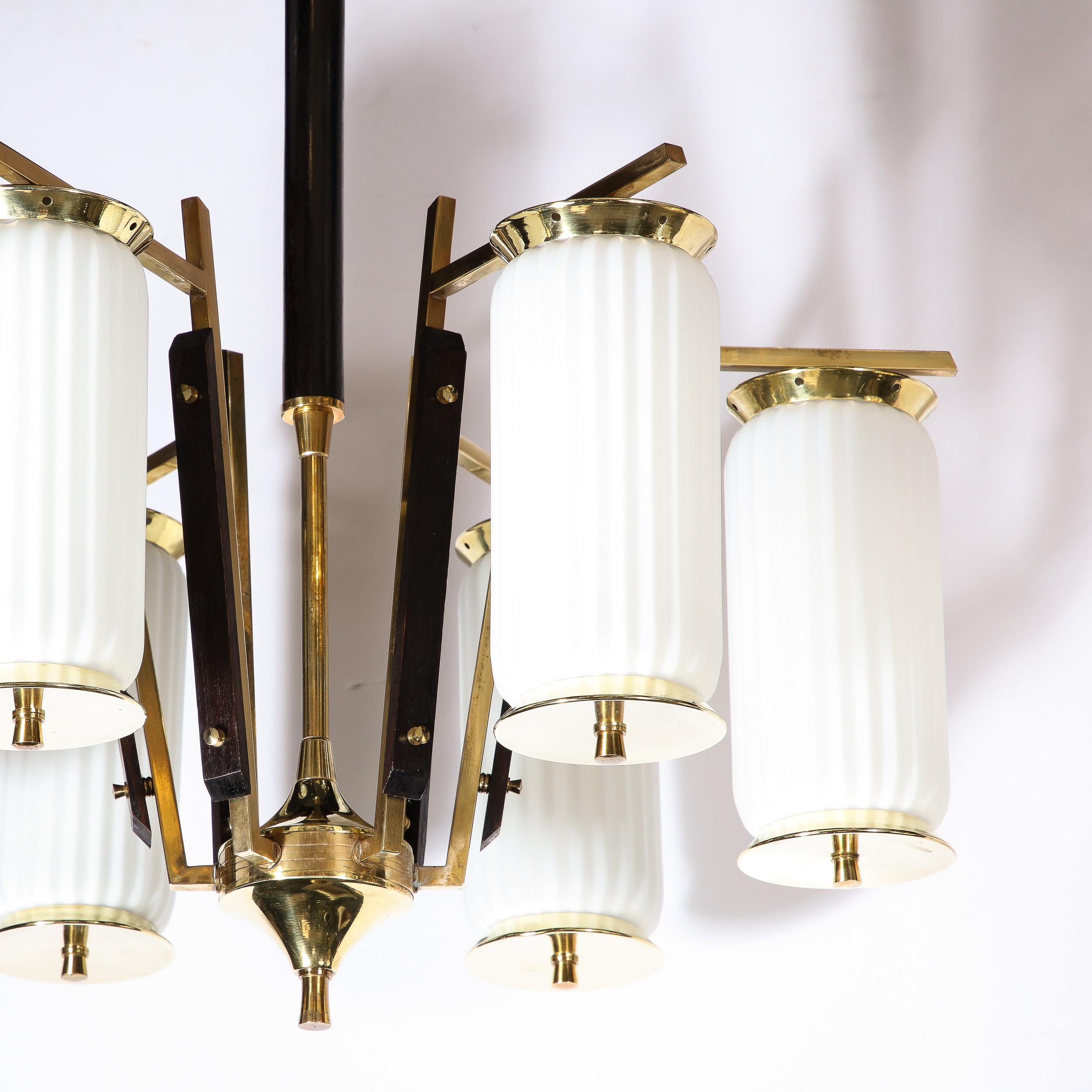French Mid-Century Modernist Brass, Striated Glass & Ebonized Walnut Six Arm Chandelier For Sale