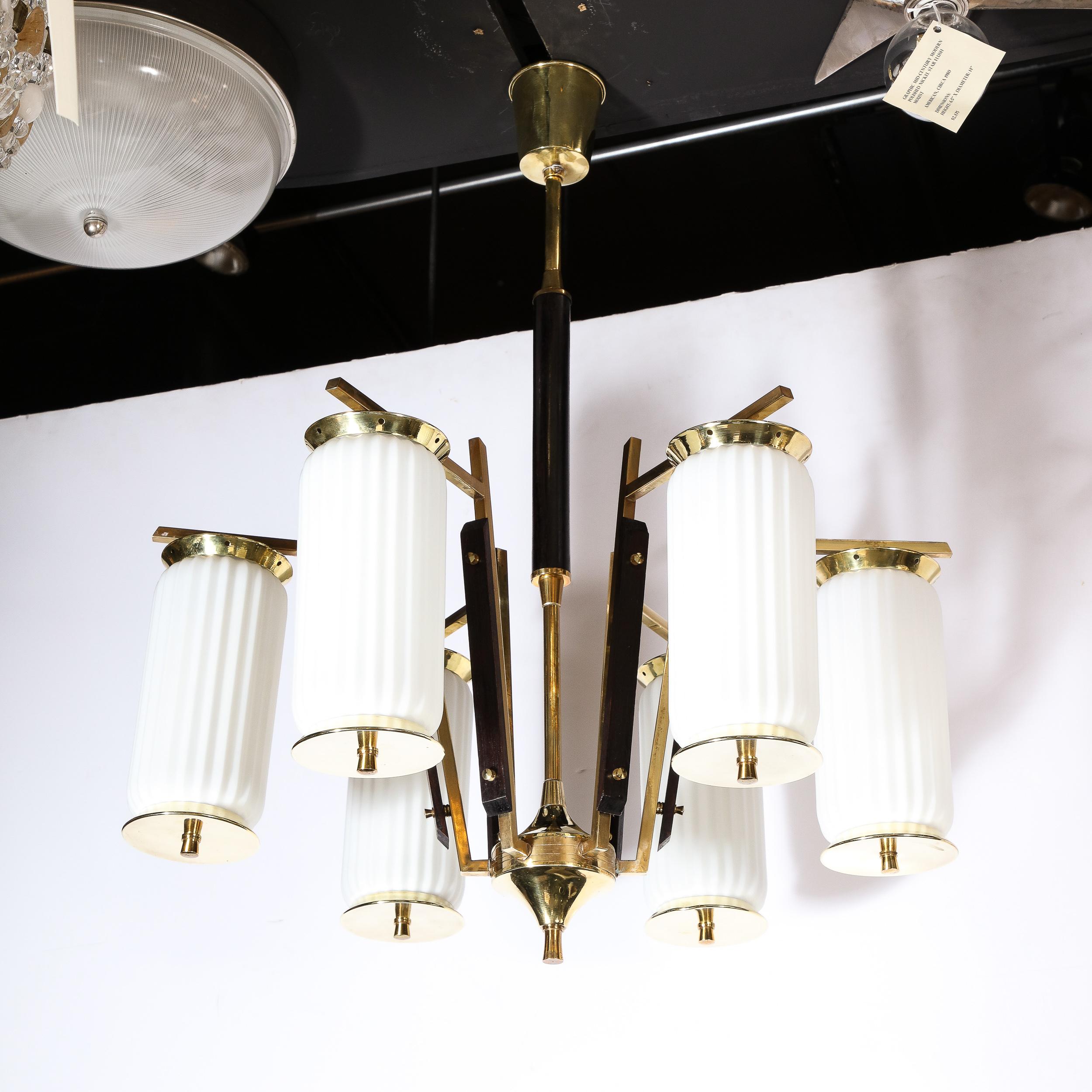 Mid-Century Modernist Brass, Striated Glass & Ebonized Walnut Six Arm Chandelier In Excellent Condition For Sale In New York, NY