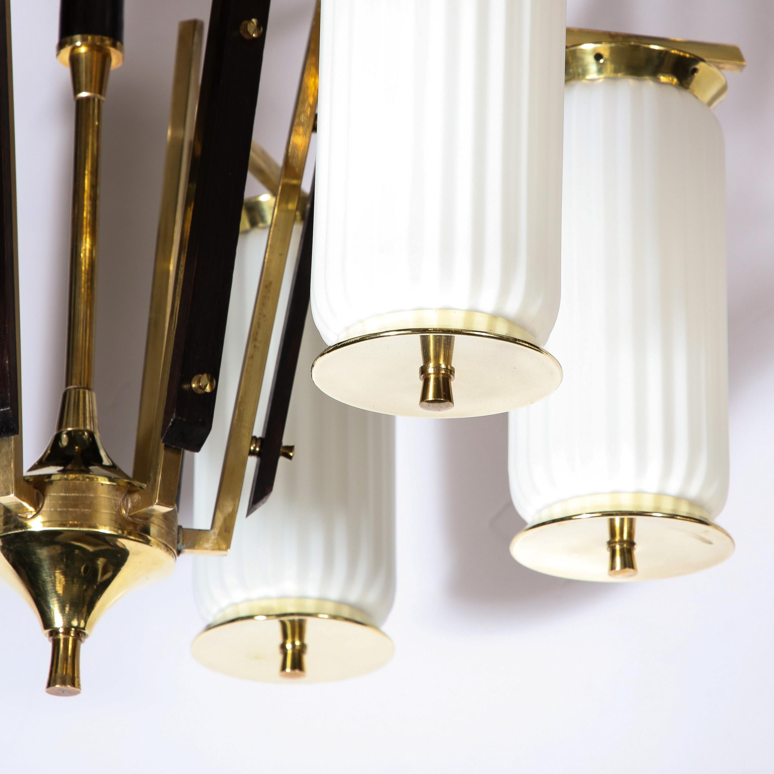 Mid-Century Modernist Brass, Striated Glass & Ebonized Walnut Six Arm Chandelier For Sale 1