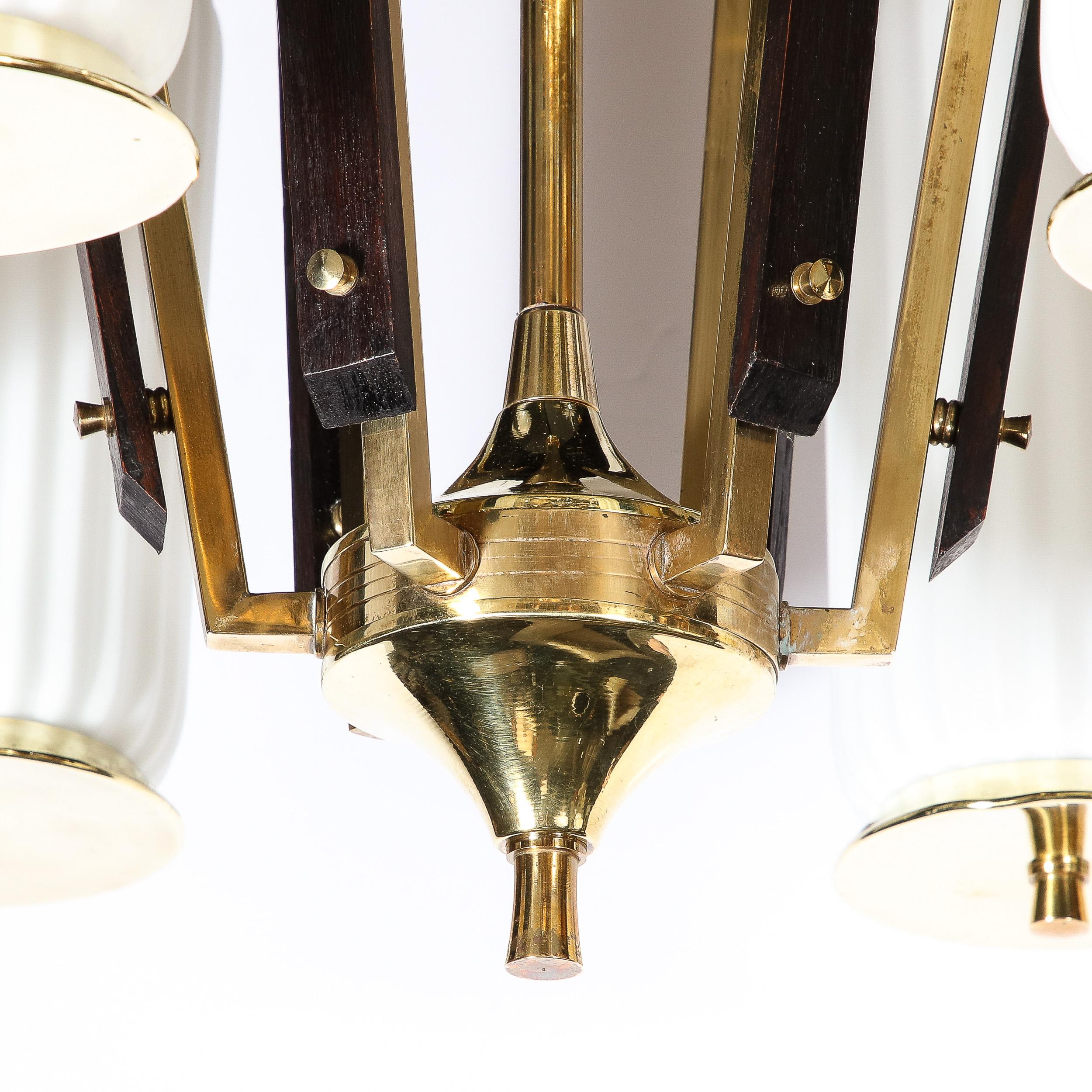 Mid-Century Modernist Brass, Striated Glass & Ebonized Walnut Six Arm Chandelier For Sale 2