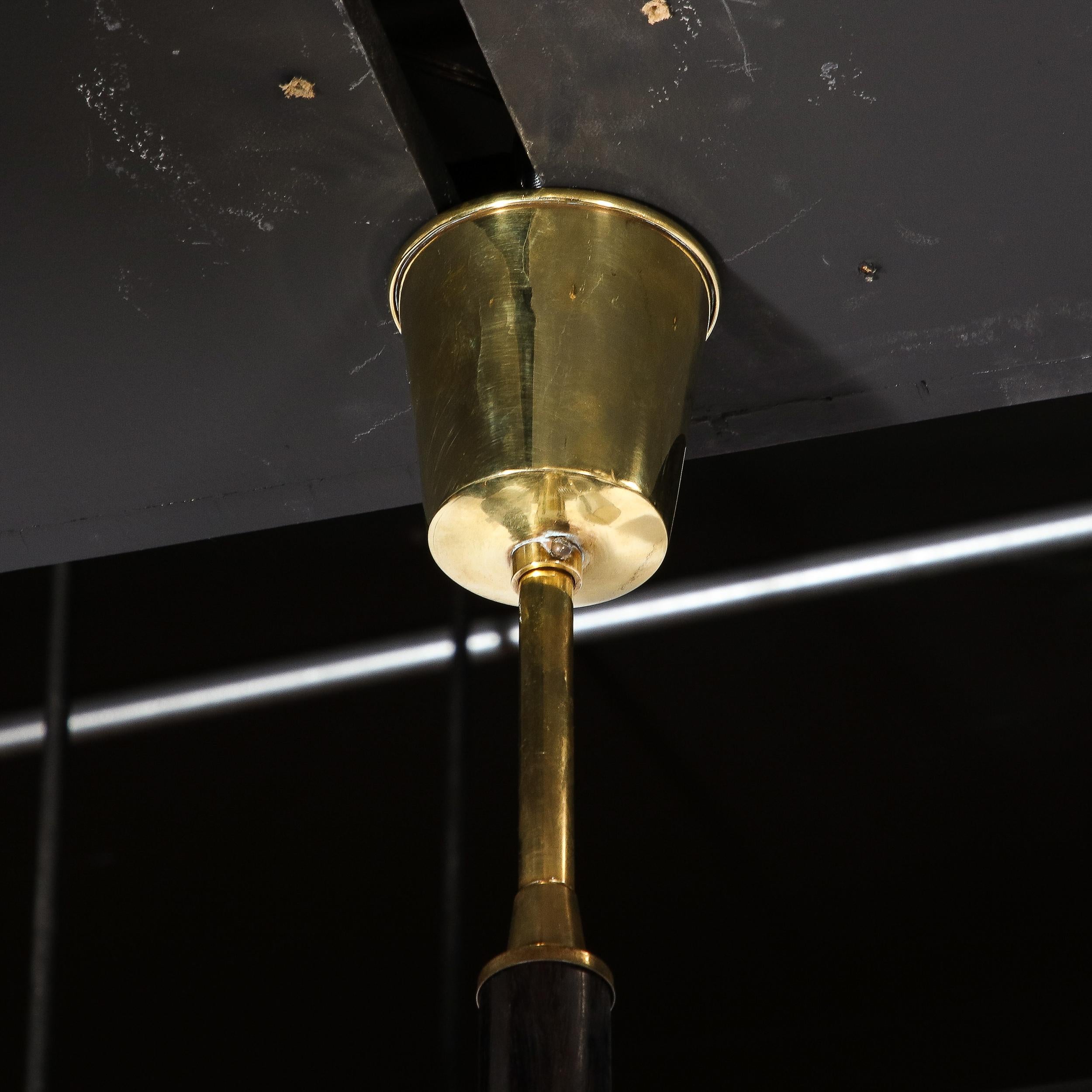 Mid-Century Modernist Brass, Striated Glass & Ebonized Walnut Six Arm Chandelier For Sale 3