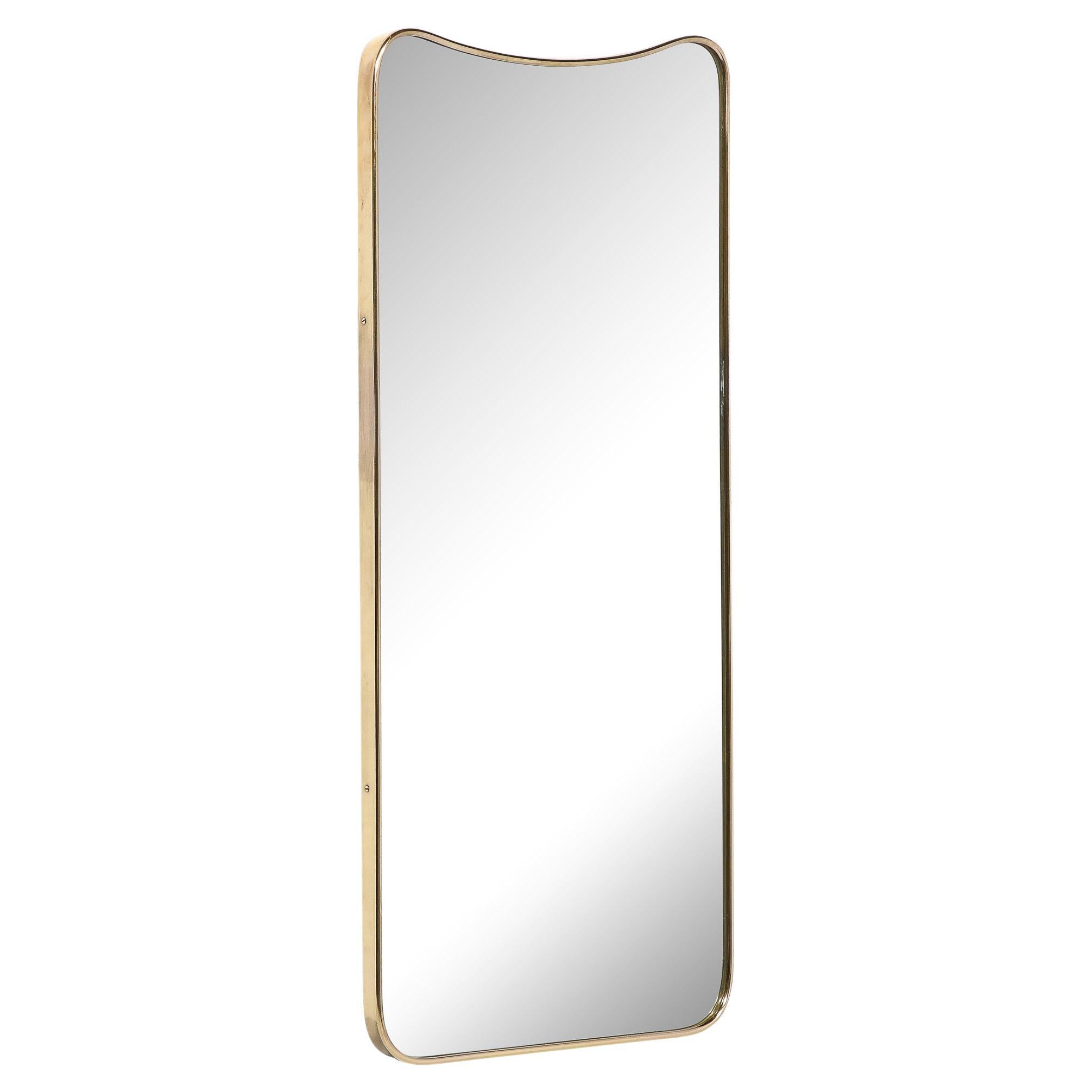 Mid-Century Modernist Brass Wrapped Mirror with Rounded Top Detailing