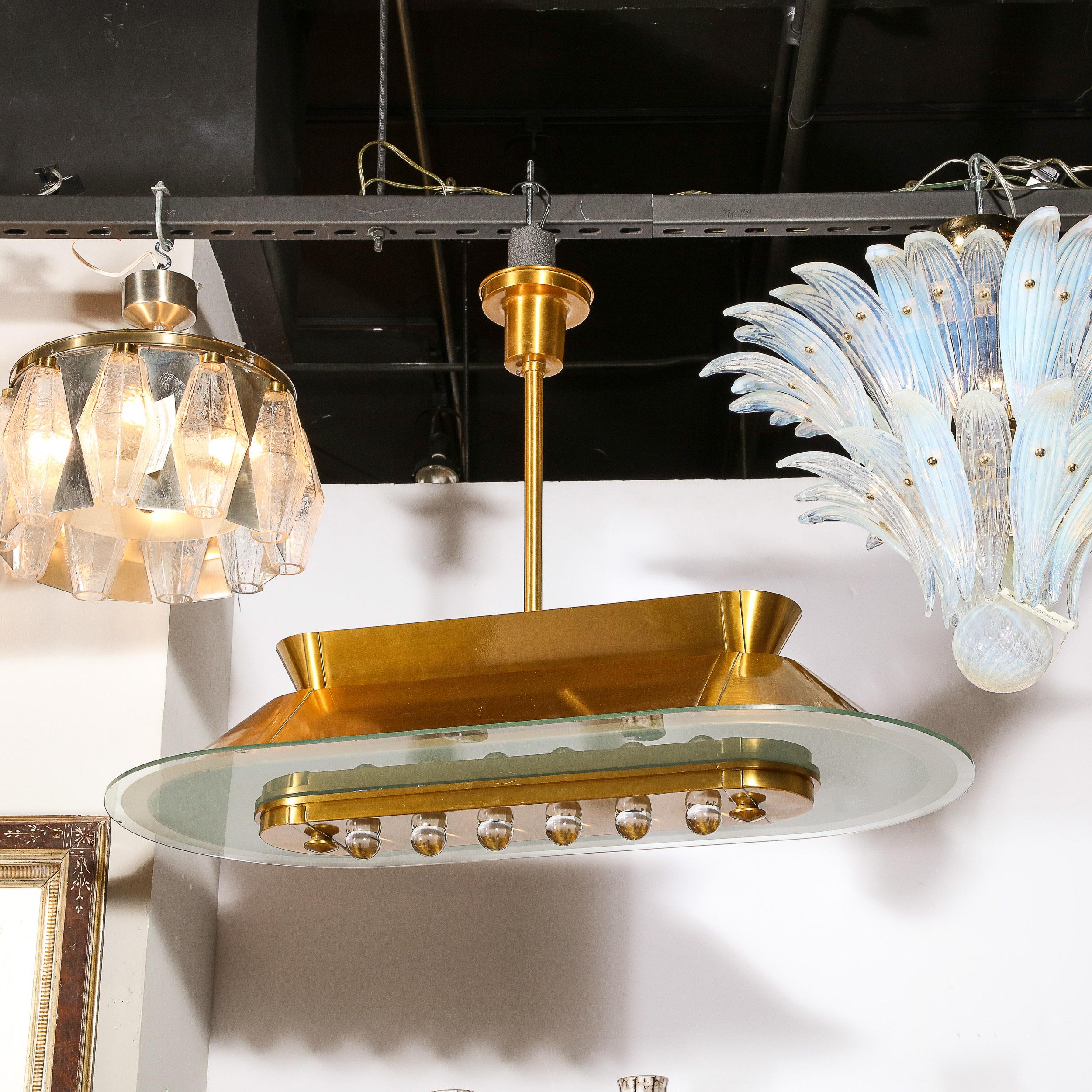 Mid-Century Modernist Brushed Brass & Inset Glass Oblong Chandelier  7
