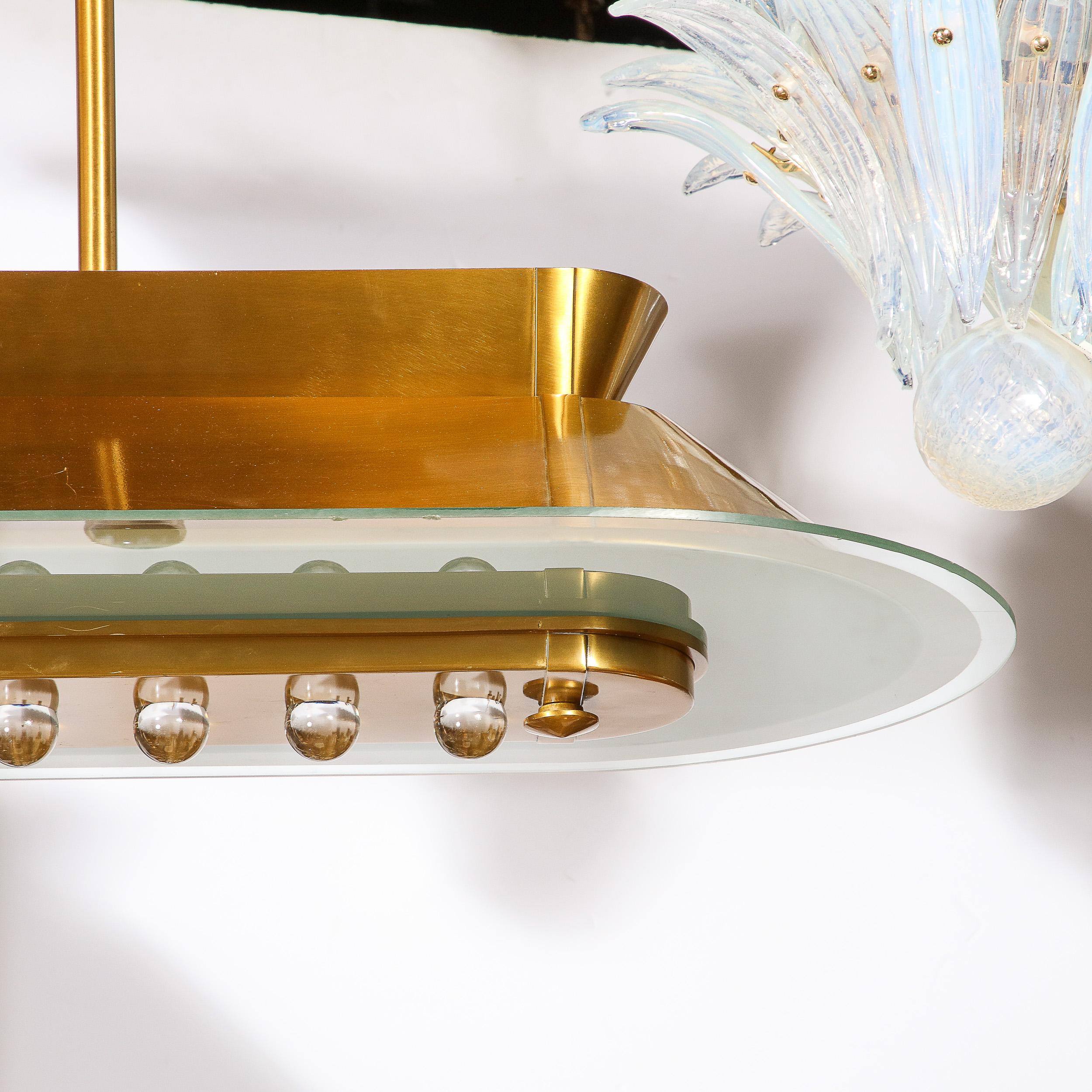 Mid-Century Modernist Brushed Brass & Inset Glass Oblong Chandelier  9
