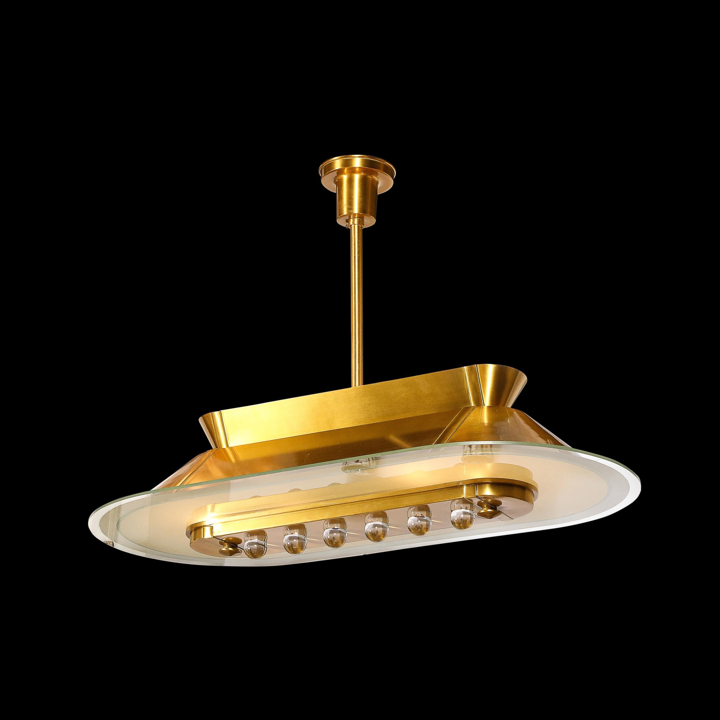 Mid-Century Modernist Brushed Brass & Inset Glass Oblong Chandelier  In Excellent Condition In New York, NY