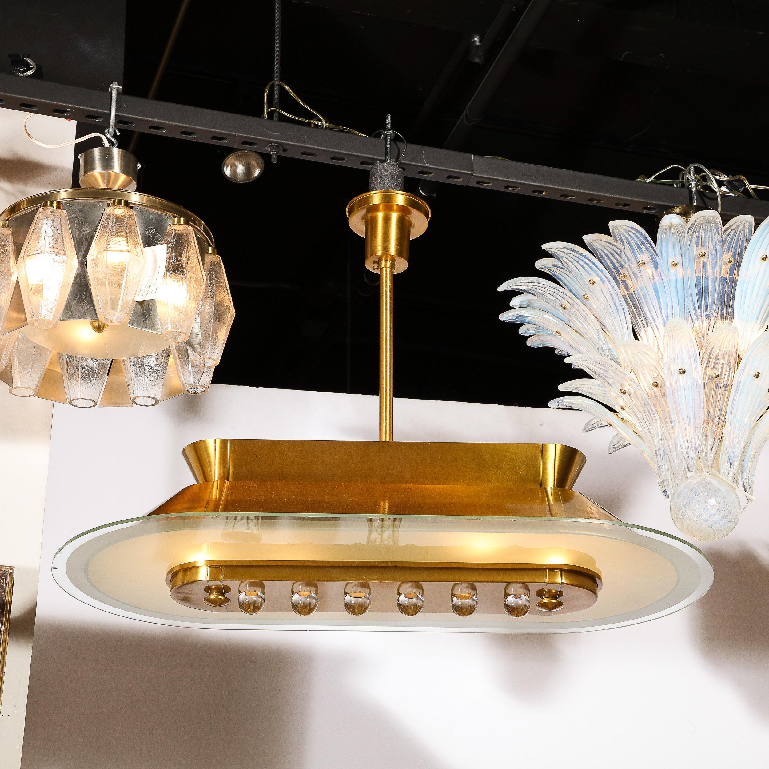 Late 20th Century Mid-Century Modernist Brushed Brass & Inset Glass Oblong Chandelier 