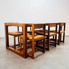 Juego de comedor Modernista-Brutalista de mediados de siglo, Roble macizo y asientos de junco, años 70