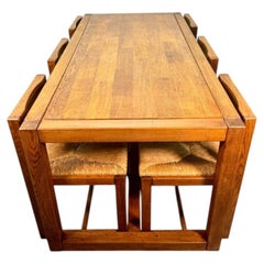 Juego de comedor Modernista-Brutalista de mediados de siglo, Roble macizo y asientos de junco, años 70