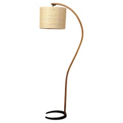 Mid-Century Modernist Caprani Curved Wood Floor Lamp with Custom  Burlap Shade