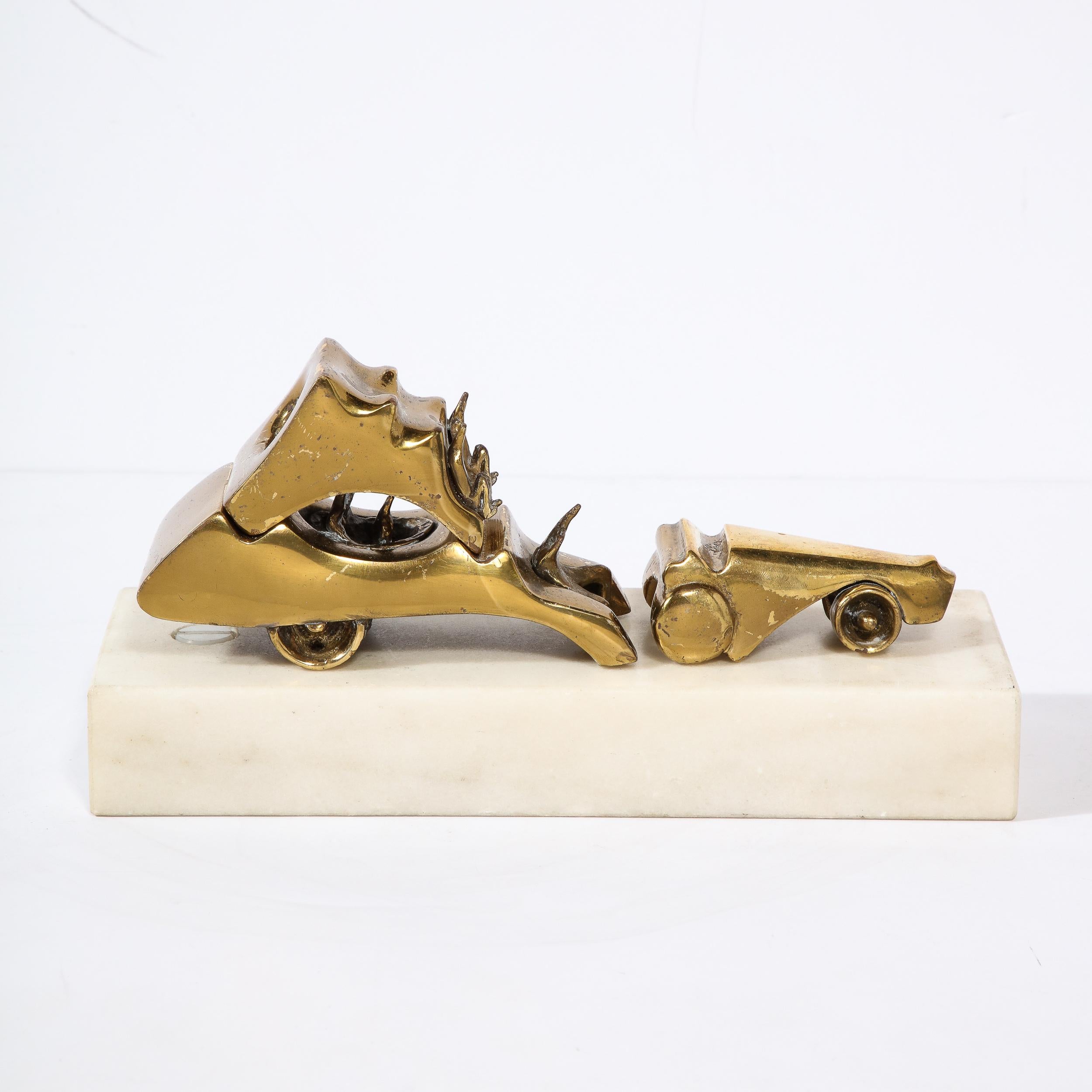 This unique and beautifully formed Modernist Car Sculpture in Brass on Marble Base is by the artist Aharon Bezalel, originating from Israel created in 1977. The sculpture is composed of multiple interlocking components, each serving as an individual