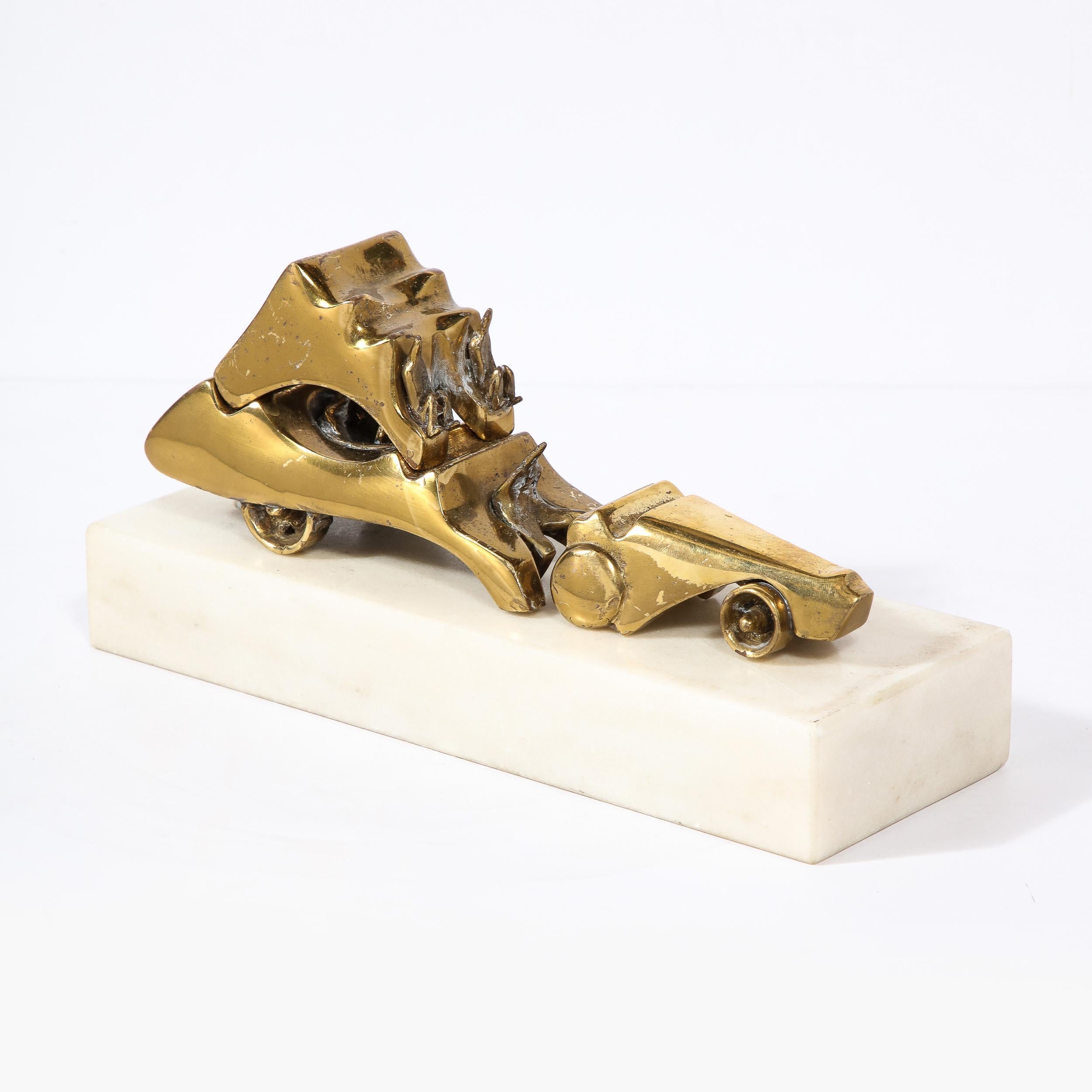 Mid Century Modernist Car Sculpture in Brass on Marble Base by Aharon Bezalel In Excellent Condition For Sale In New York, NY