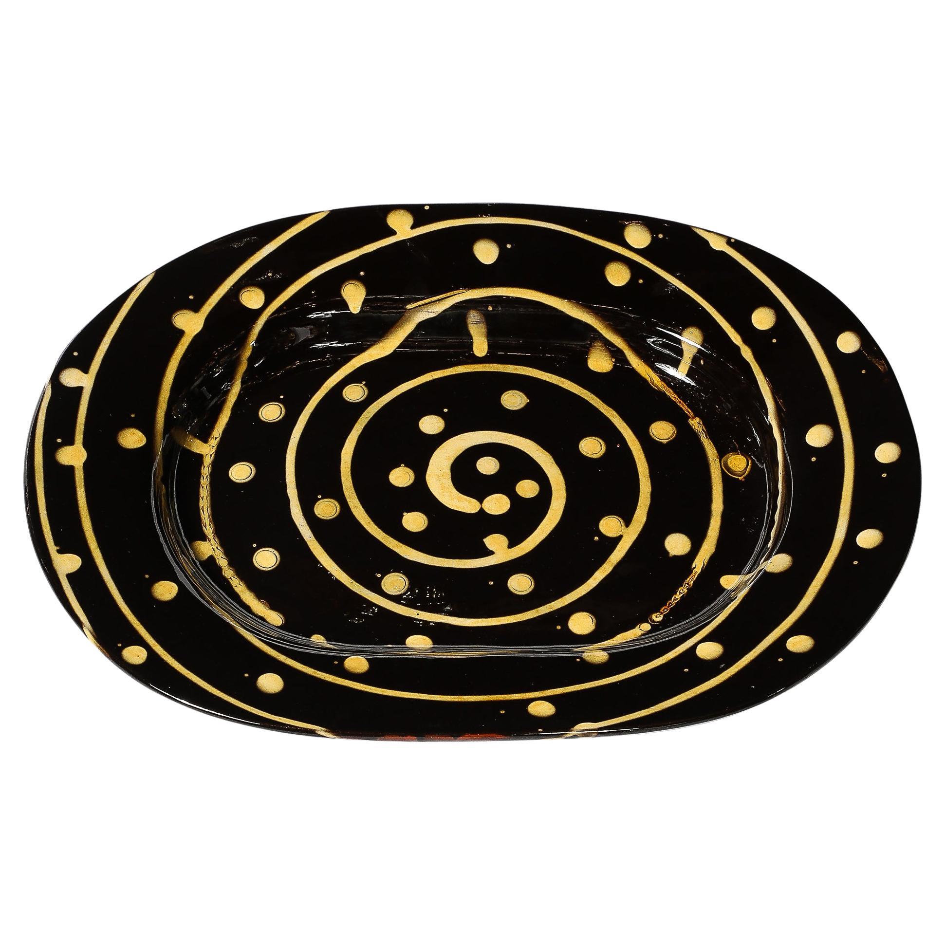 Mid-Century Modernist Ceramic Serving Tray with Yellow Spiral & Dots