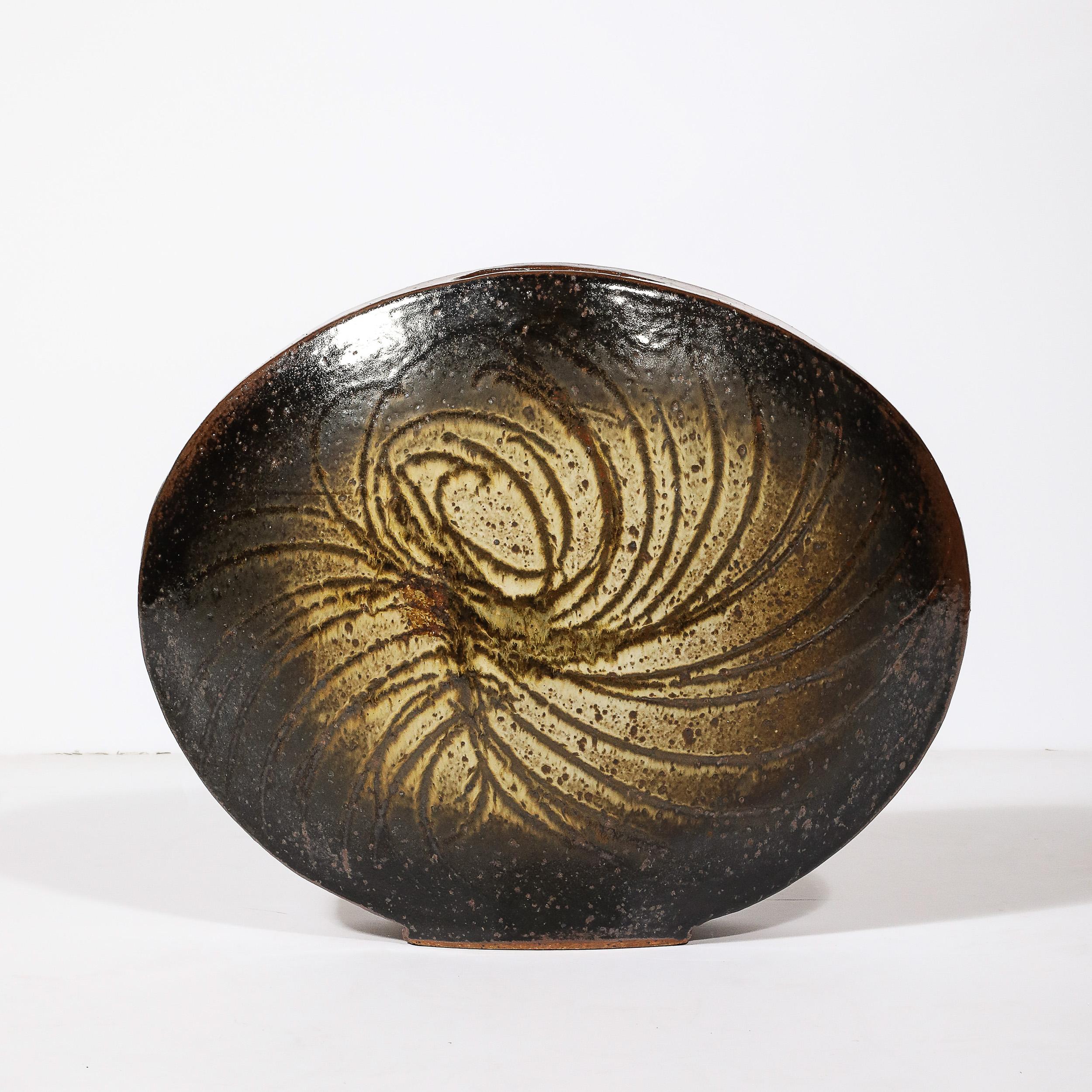 German Mid-Century Modernist Ceramic Striated Burnt Umber Vase by Aleph Hammer For Sale