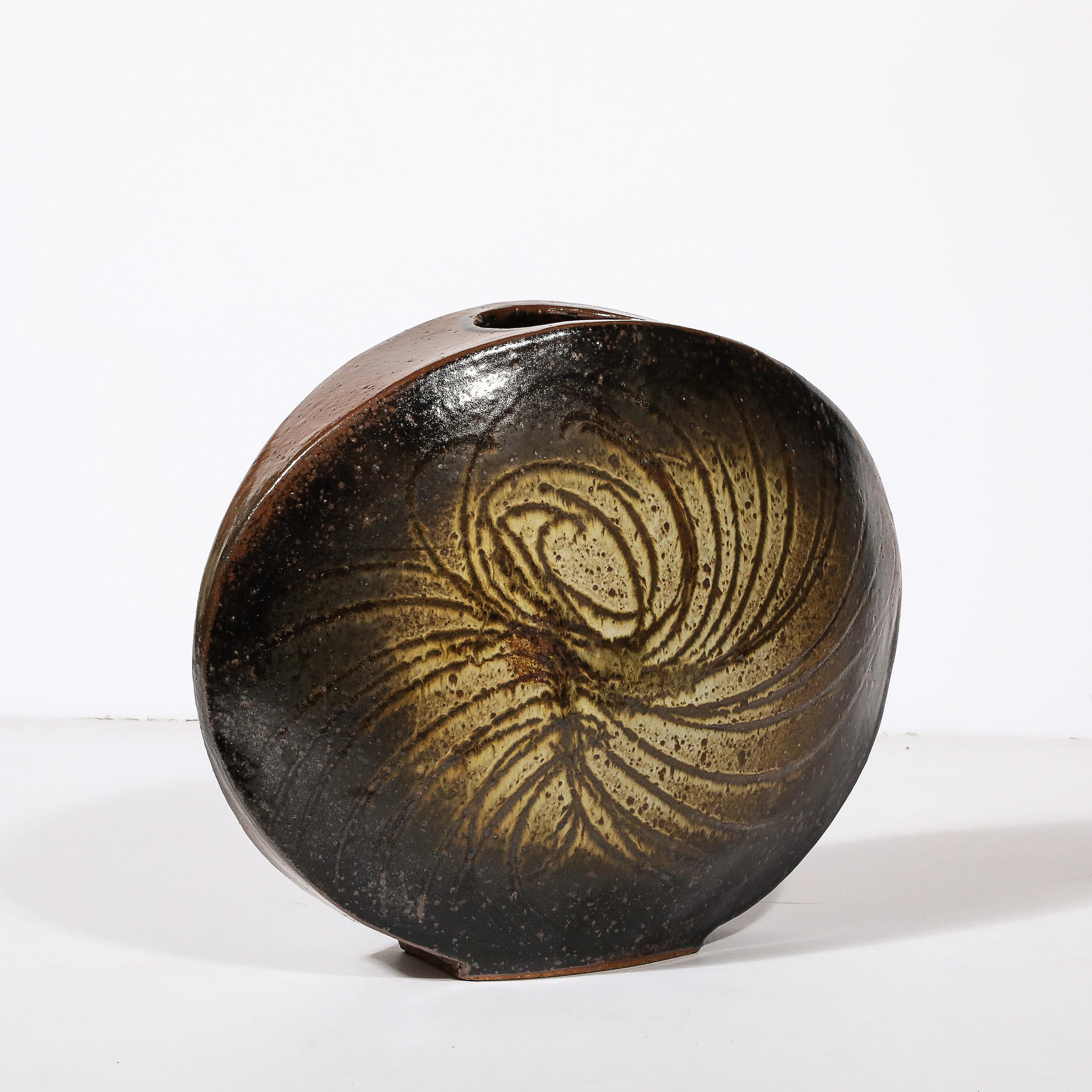 Late 20th Century Mid-Century Modernist Ceramic Striated Burnt Umber Vase by Aleph Hammer For Sale