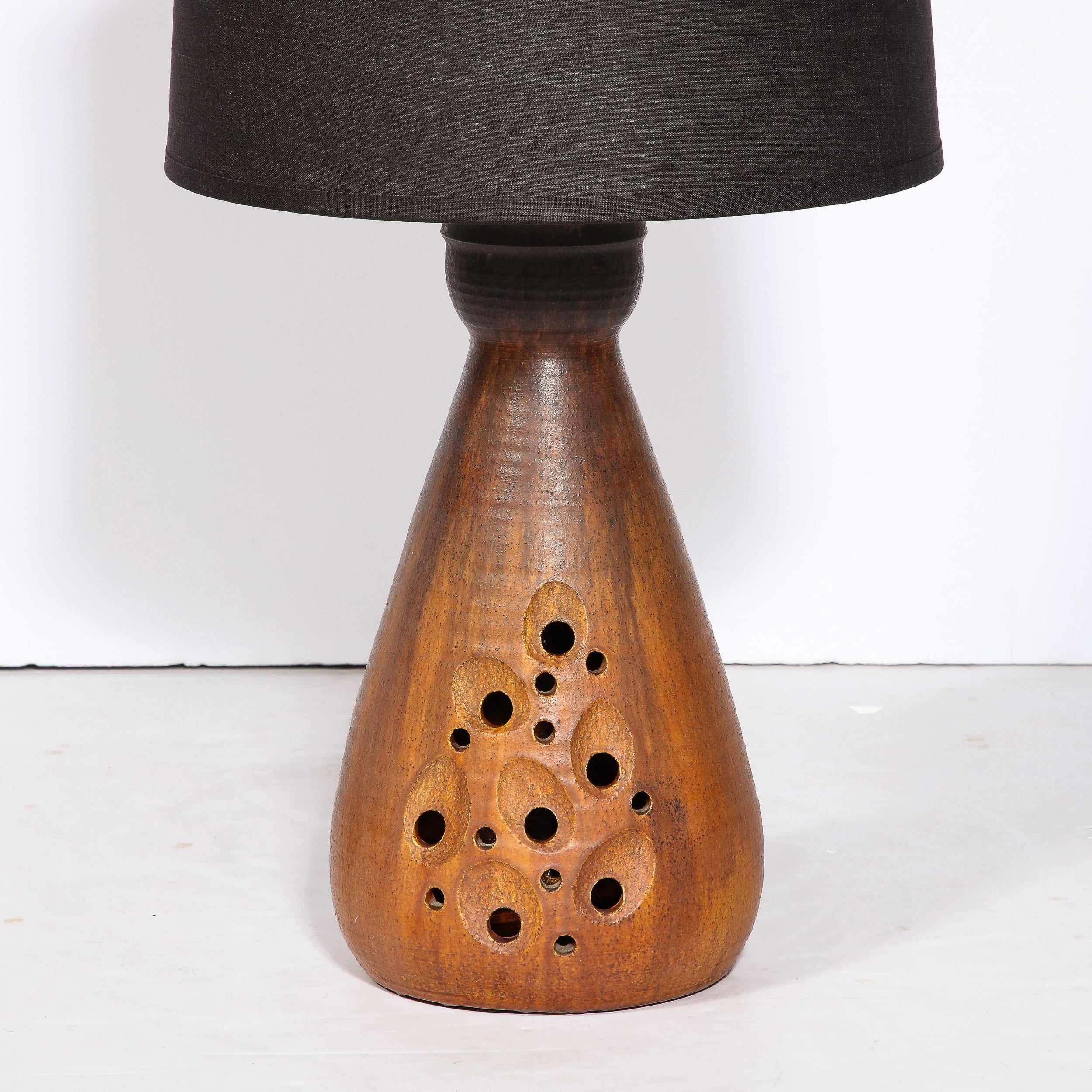 French Mid-Century Modernist Ceramic Table Lamp in Slate and Red Iron Oxide Glaze For Sale