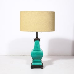 Mid-Century Modernist Ceramic Turquoise Jade Table Lamps w/ Bronze Fittings