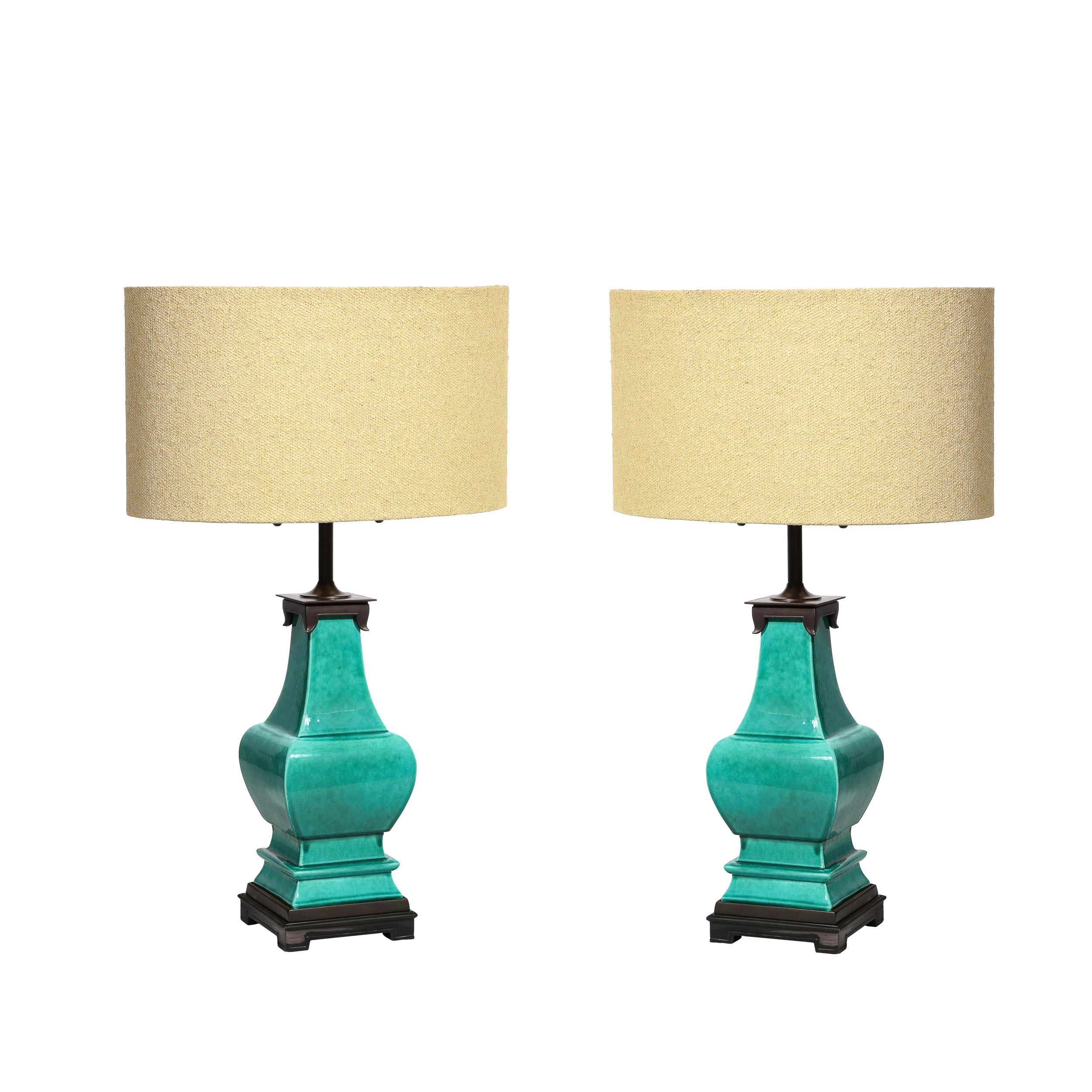 Mid-Century Modernist Ceramic Turquoise Jade Table Lamps w/ Bronze Fittings For Sale