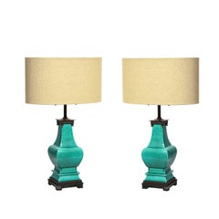 Retro Mid-Century Modernist Ceramic Turquoise Jade Table Lamps w/ Bronze Fittings