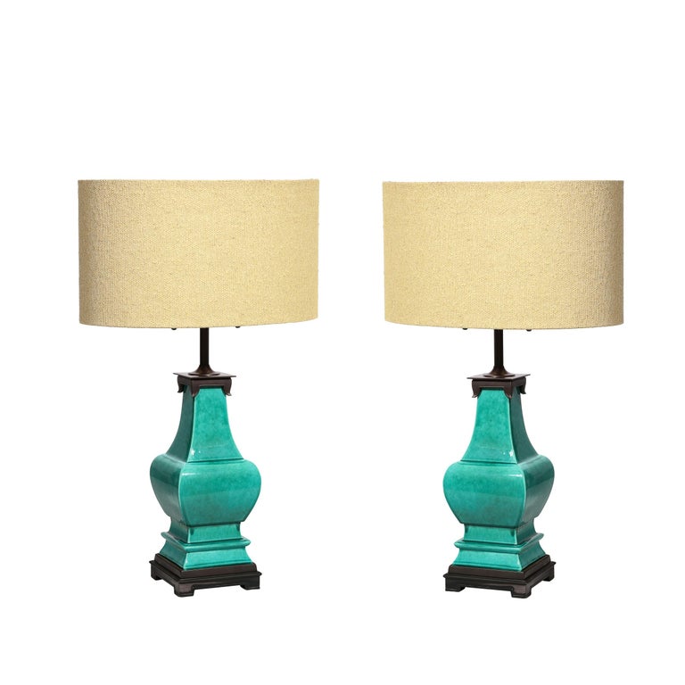 Coceram Table Lights In Turquoise Colour With Raffia Lamp Shades